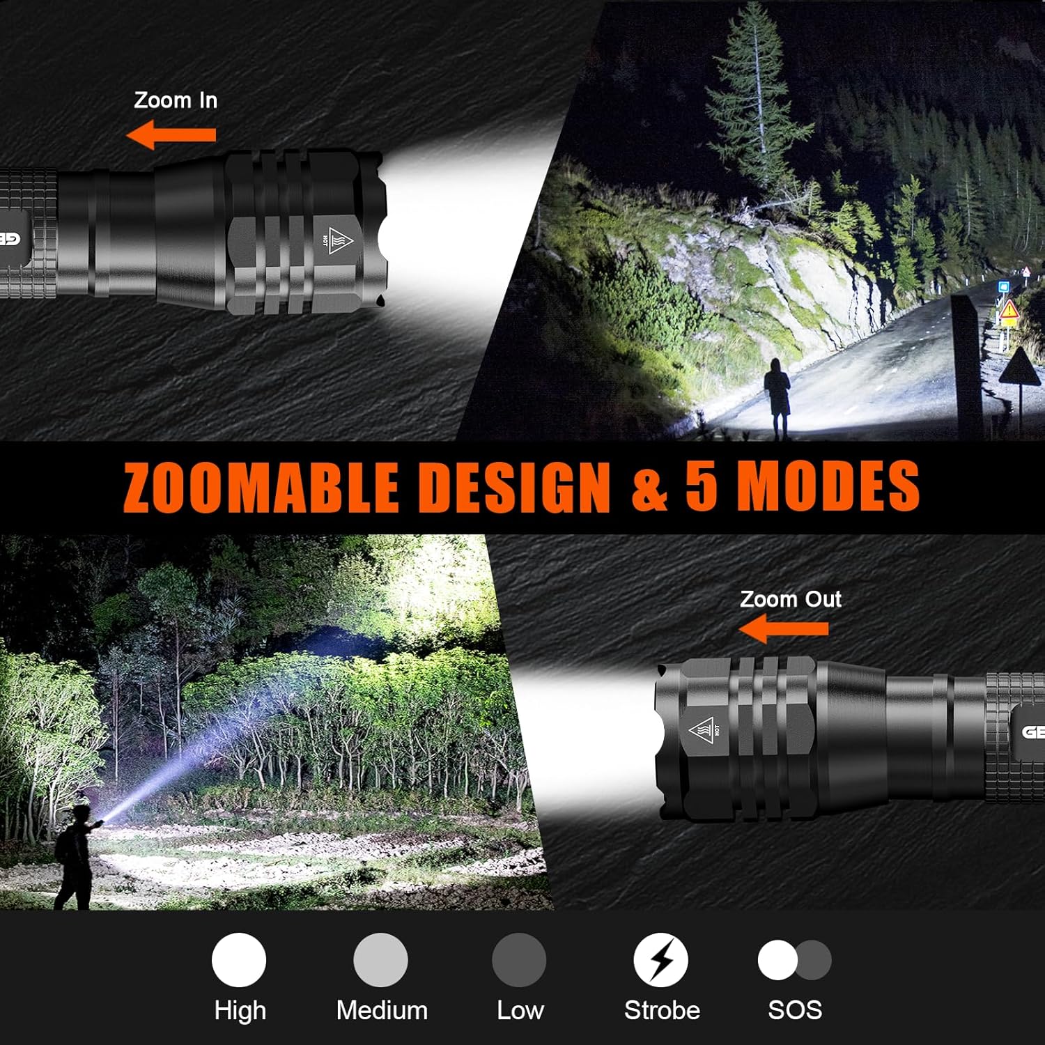 GEARLITE LED-Taschenlampe, extrem hell, 2 Stück, Aluminium, 4000 Lumen, LED-Taschenlampe, batteriebetrieben mit 5 Modi, IP65 wasserdichte Handlampe, zoombar, für Camping, Wandern, Outdoor, Notfall, Geschenk – Bild 2