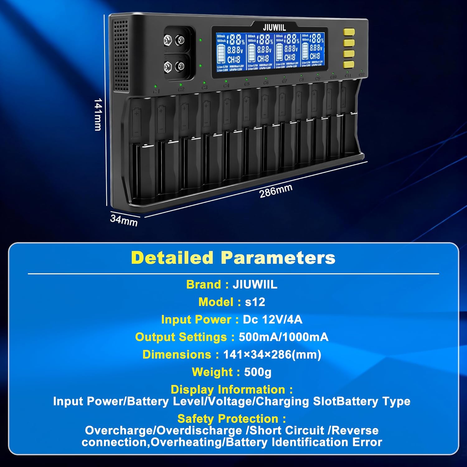 18650 Akkuladegerät, JIUWIIL 12+2 Bay Schnellladegerät Universal-Akkuladegerät mit LCD-Display für wiederaufladbare Akkus Li-Ion LiFePO4 26650 17500 16340 18650 14500 10440 & 9V – Bild 8