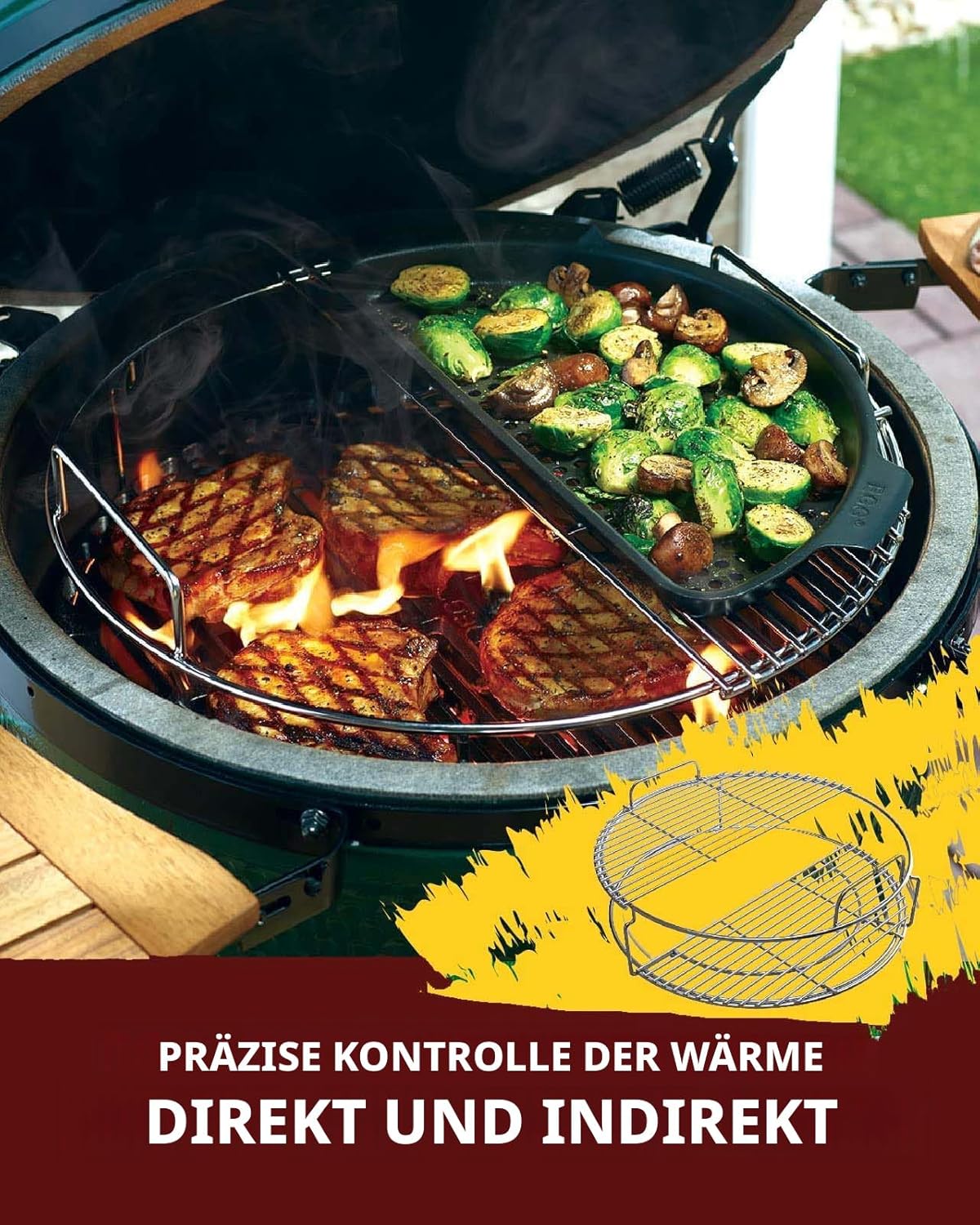 5-teiliges EggSpander-Set aus Edelstahl für Big Green Egg Large, stapelbare Grillroste auf 3 Ebenen + Conveggtor-Korb + 2 halbmondförmige Roste, über 40 Grillmodi und kreatives Kochen, langlebig, verformungsfrei – Bild 7