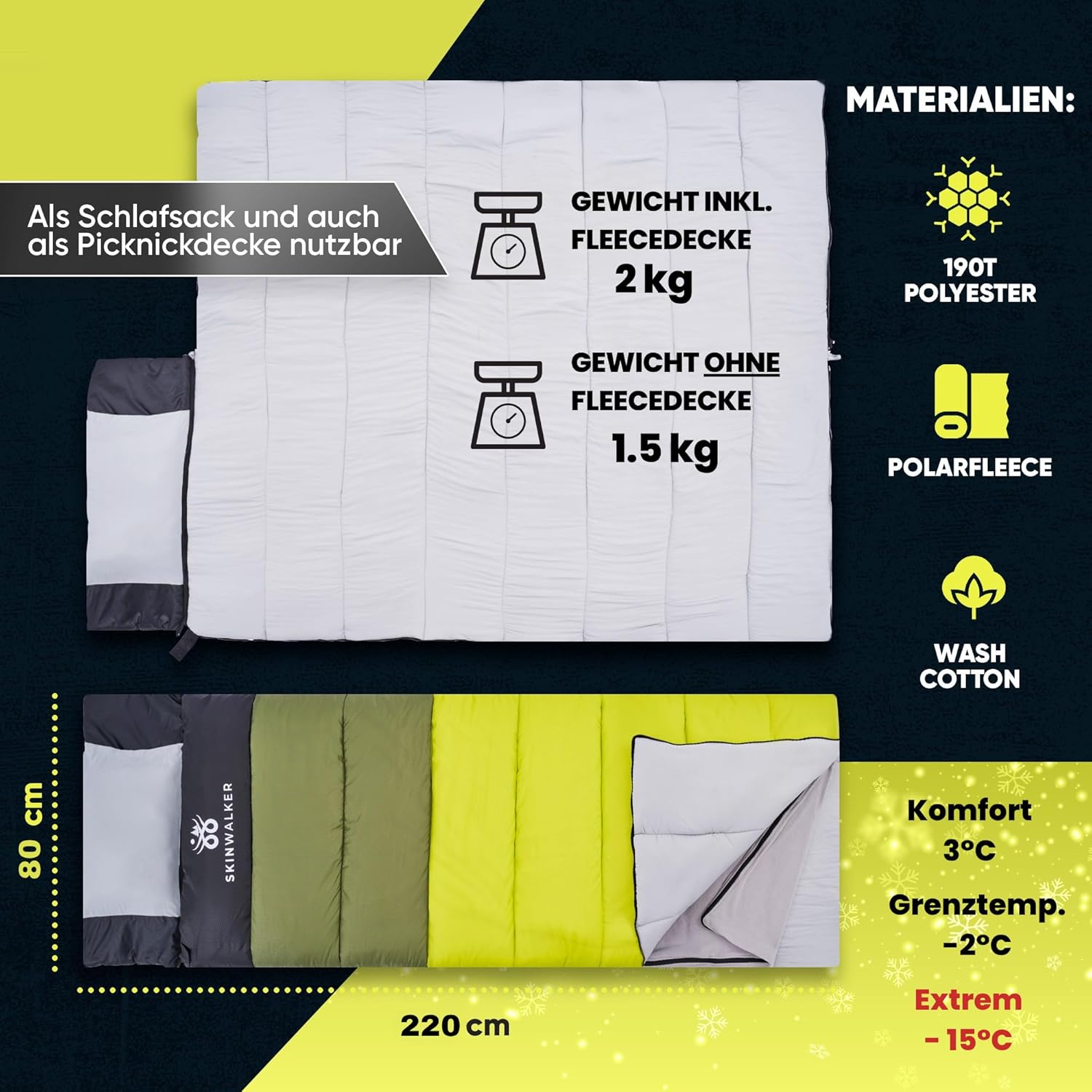 SKINWALKER Schlafsack Winter Outdoor bis -15°C mit abnehmbarer Fleecedecke Winterschlafsack für Erwachsene 3-4 Jahreszeiten Schlafsack & Deckenschlafsack Sommer & Winter – Bild 4