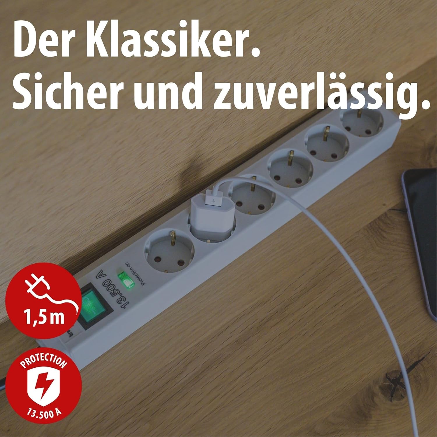 Brennenstuhl Eco-Line 6-fach Steckdosenleiste mit Überspannungsschutz (Steckdosenleiste mit erhöhtem Berührungsschutz, Ein-/Ausschalter und 1,5 m Kabel), PC-Grau – Bild 2