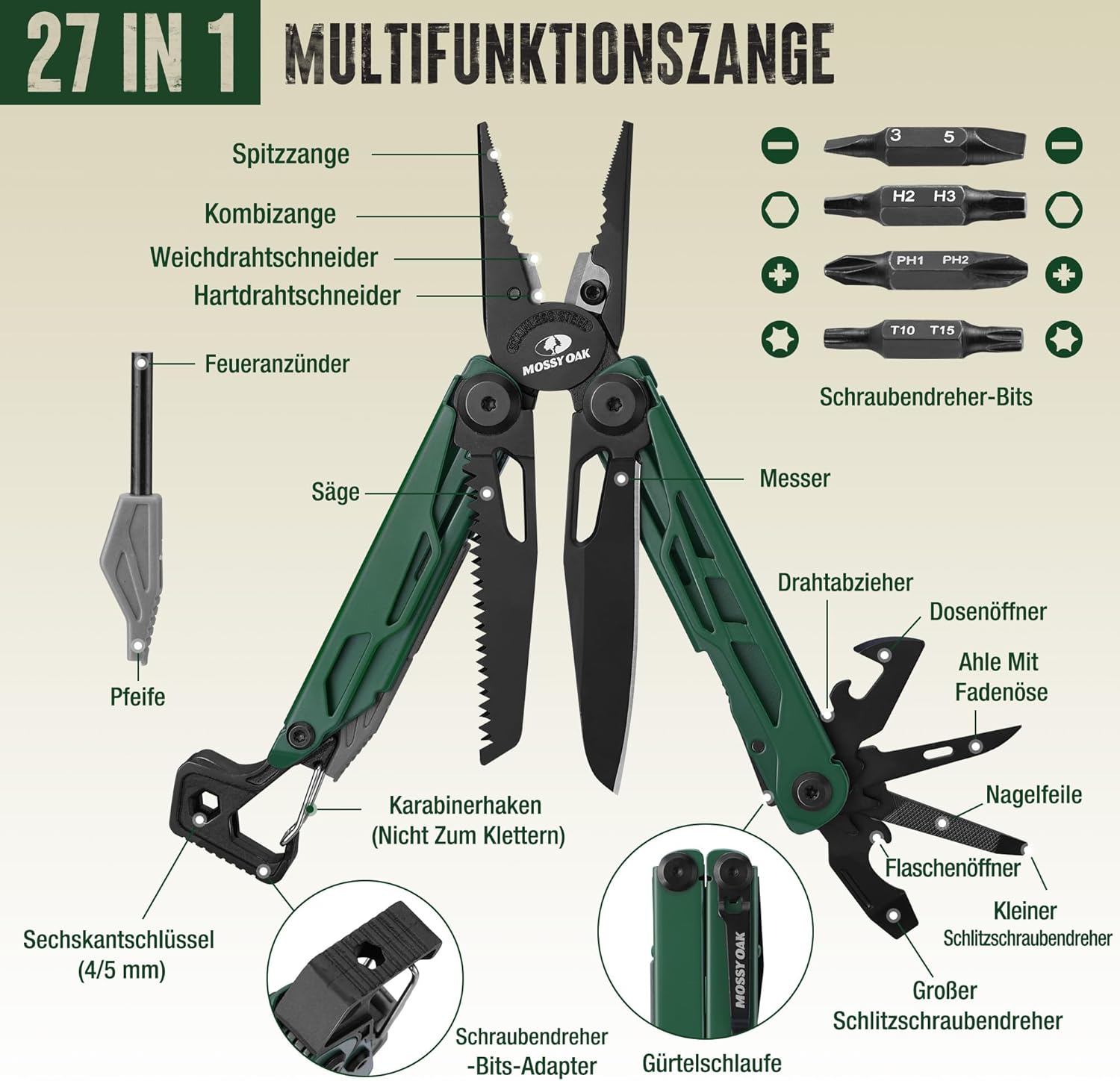Mossy Oak Multifunktionszange, 27-in-1 Multitool-Werkzeug, faltbares Edelstahl-Multifunktionswerkzeug, Multifunktionszange mit 4 Bits, Messer, zum Wandern, Camping, Reparieren mit Tragetasche, Grün | Inklusive Messer, Feueranzünder, Pfeife, Flaschenöffner und Schraubenzieher für Camping, Wandern und Outdoor-Abenteuer – Bild 2