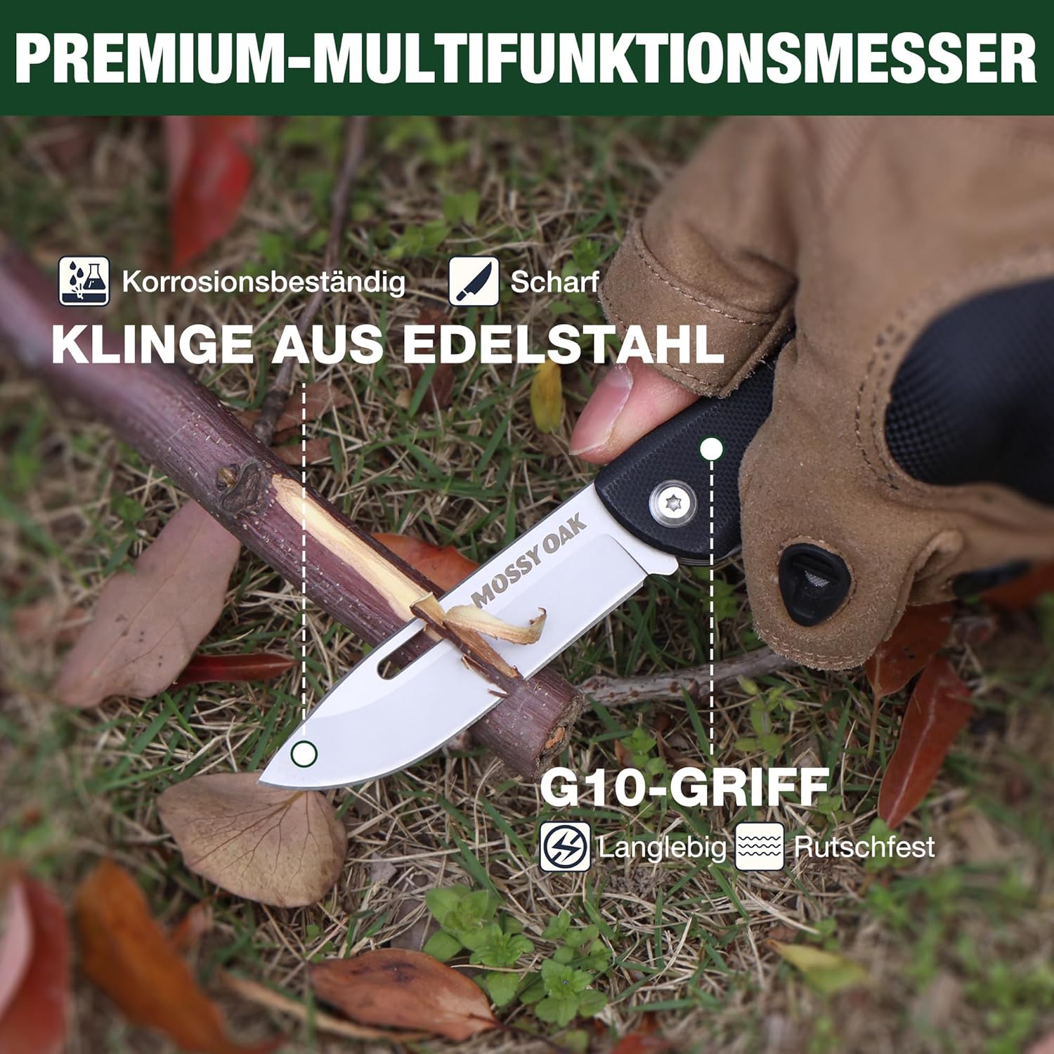 Mossy Oak Taschenmesser 10 in 1, Multitool-Klappmesser mit Edelstahlklinge, Campingmesser mit Flaschenöffner, Schraubendreher & Säge, Multifunktionswerkzeug für Camping & Wandern – Bild 3