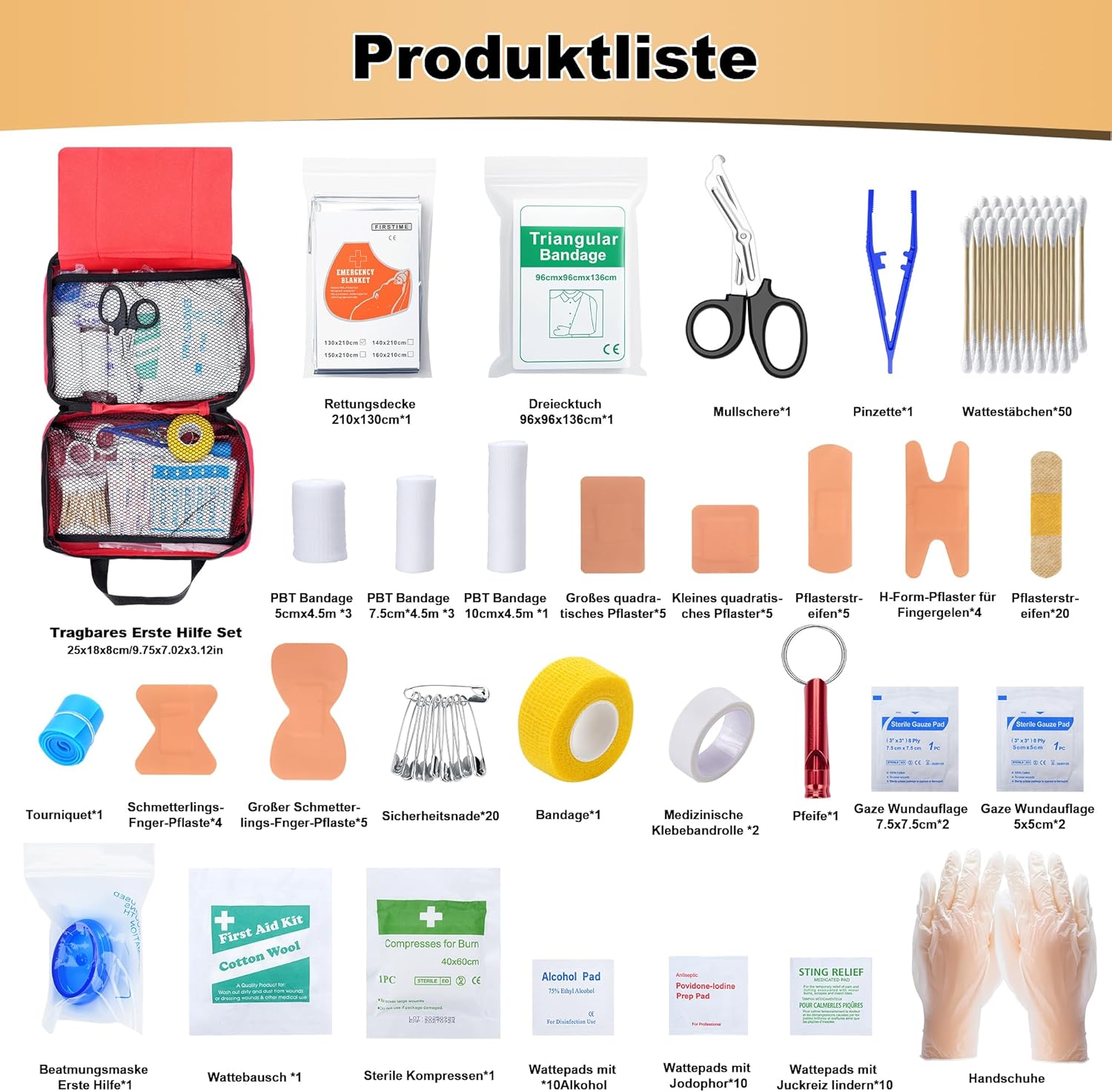 Erste-Hilfe-Set, 170-teiliges Erste-Hilfe-Set, Notfallausrüstung inkl. Bandagen, Notfalldecke, Pflaster, Mull, Pfeifen, Mull, Reiseapotheke für Zuhause, Auto, Outdoor