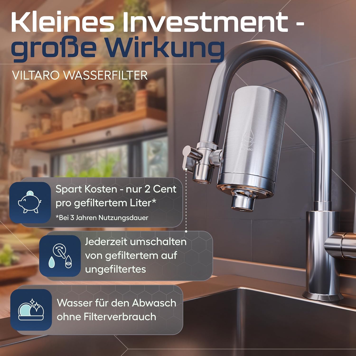 VILTARO® Wasserfilterkartusche mit Kalkschutz, Filterkartusche für Wasserfilter, Leitungswasserfiltersystem mit Aktivkohlefilter aus nachhaltigen Kokosnussschalen – Bild 2