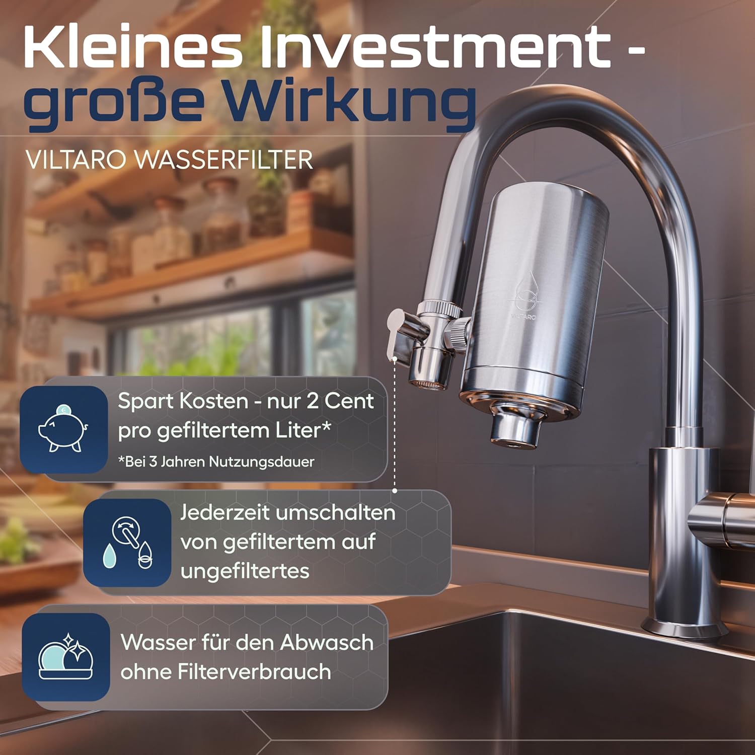 VILTARO Wasserfilter-Wasserhahn mit Kalkschutz – nur 2 Cent/Liter Trinkwasser, BPA-frei, Edelstahl, wassersparender Luftsprudler, Aktivkohle, Filter-Wasserhahn, Wasserhahnfilter für Trinkwasser – Bild 3