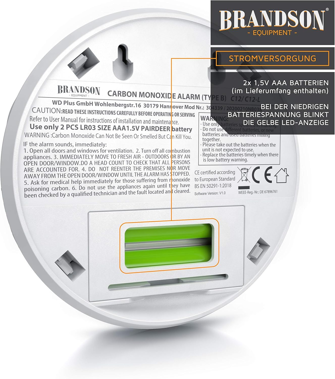 Brandson – Kohlenmonoxidmelder CO-Alarm – Kohlenmonoxidmelder – LCD-Display – lauter Alarm 85 dB – Testschalter – DIN EN50291 zertifiziert – batteriebetrieben – Weiß – Bild 3