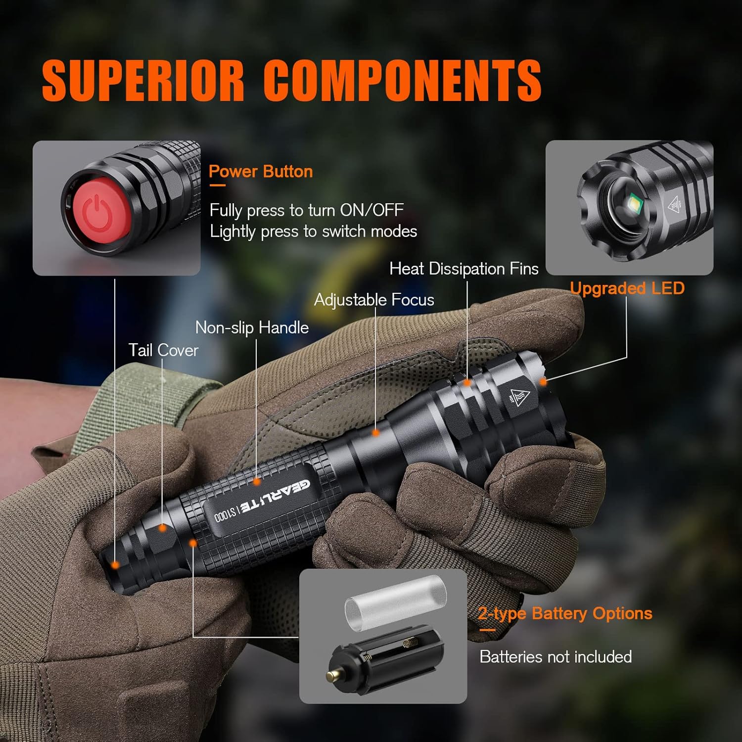 GEARLITE LED-Taschenlampe, extrem hell, 2 Stück, Aluminium, 4000 Lumen, LED-Taschenlampe, batteriebetrieben mit 5 Modi, IP65 wasserdichte Handlampe, zoombar, für Camping, Wandern, Outdoor, Notfall, Geschenk – Bild 3