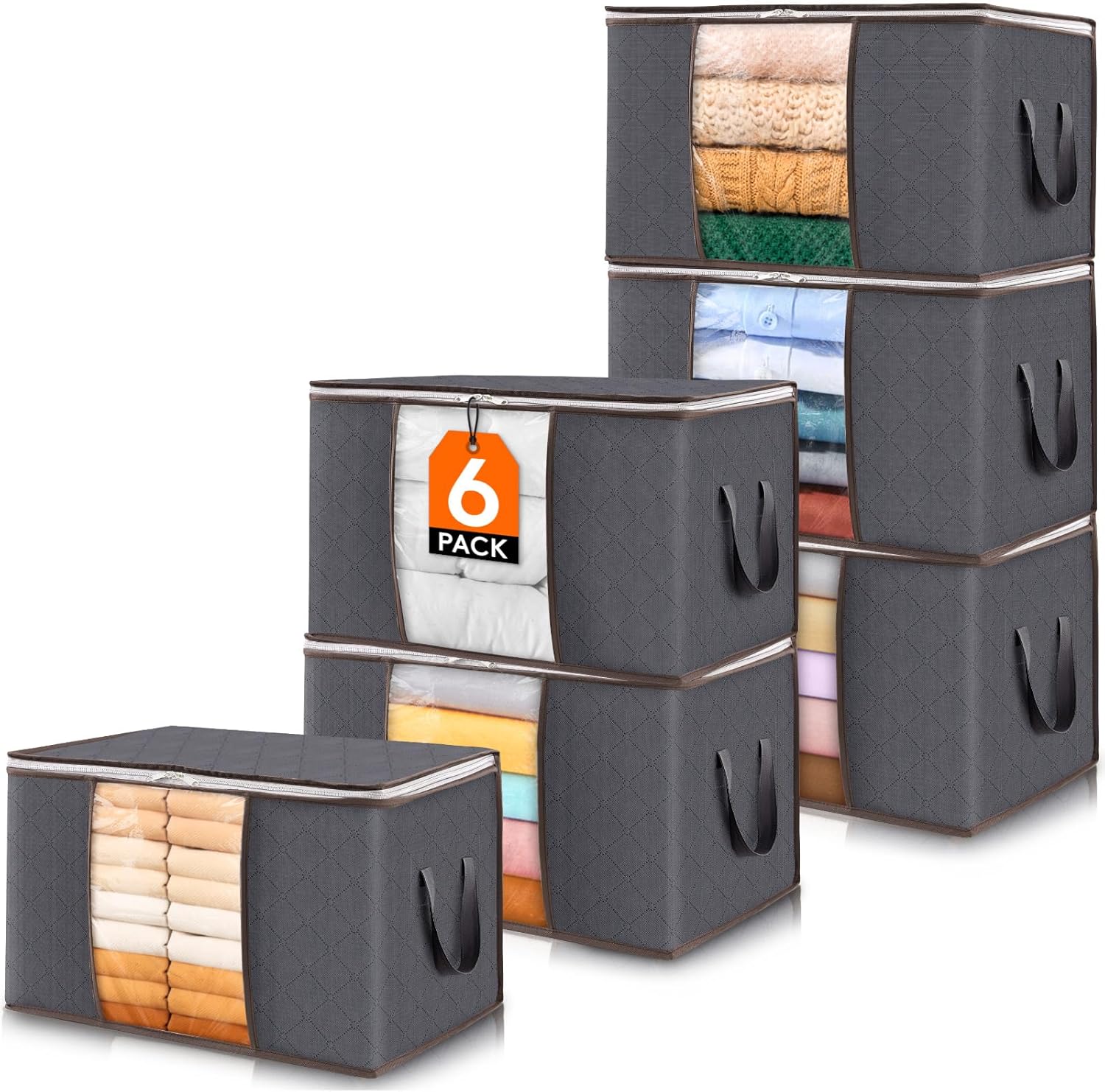 Lifewit Große Aufbewahrungstasche, Schrank-Organizer-Set, faltbare Kleideraufbewahrung mit verstärktem Griff, stabiler Reißverschluss für Kleidung, Bettwäsche, Bettdecken, Steppdecke, Grau, 6 Stück