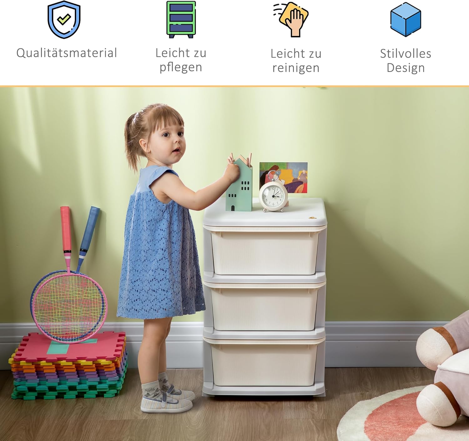 HOMCOM Schubladenschrank für Kinder mit Stauraum, Aufbewahrungsboxen, Spielzeug-Organizer, Spielzeugkiste, drei Ebenen, für Kinderzimmer, 3–6 Jahre, Kindermöbel, Cremeweiß, 37 x 37 x 56,5 cm – Bild 6