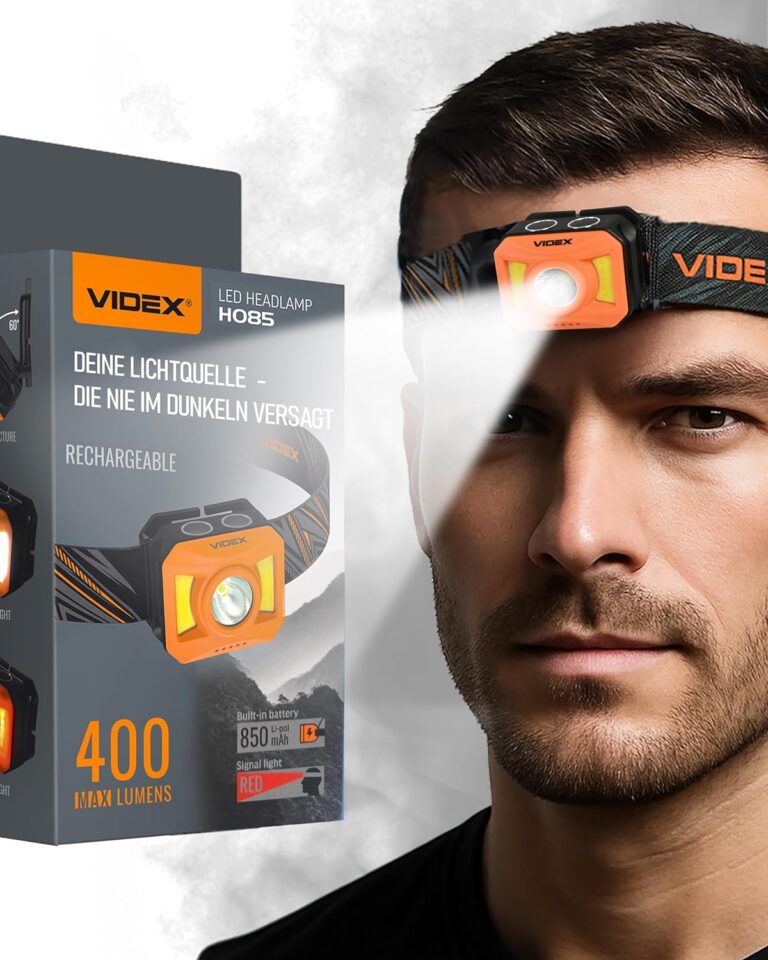 Videx Stirnlampe LED wiederaufladbar I Camping- & Wanderzubehör I Lauflicht mit USB C wiederaufladbar I Lauflampe mit Akku und rotem Licht zum Joggen I H085 400Lm 5000K