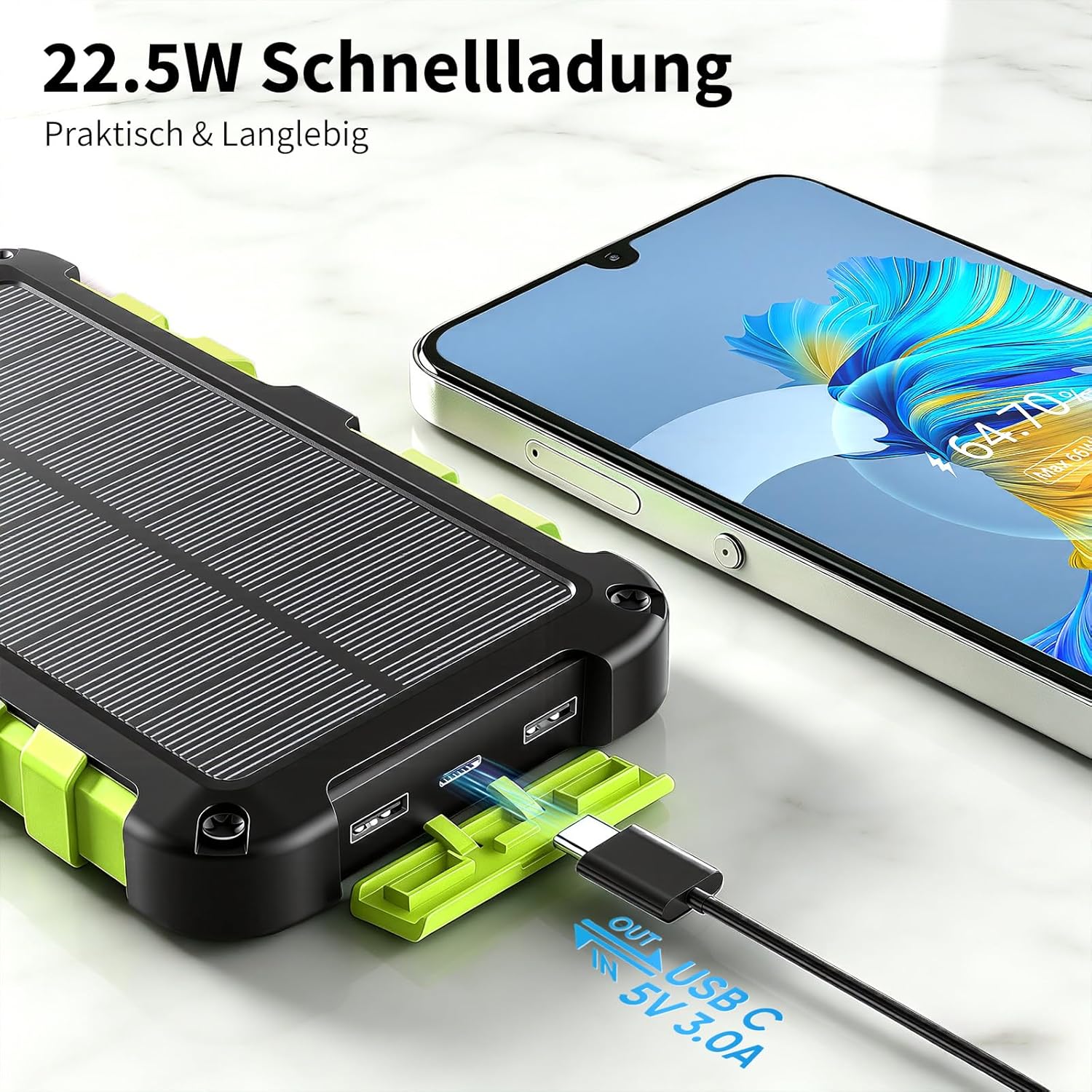 Solar Powerbank 26800mAh PD 22,5W Tragbares Solar Ladegerät USB C Outdoor Wasserdicht Externer Akku mit LED-Licht und 3 Ausgängen für Tablets Smartphones Outdoor Camping Grün – Bild 3