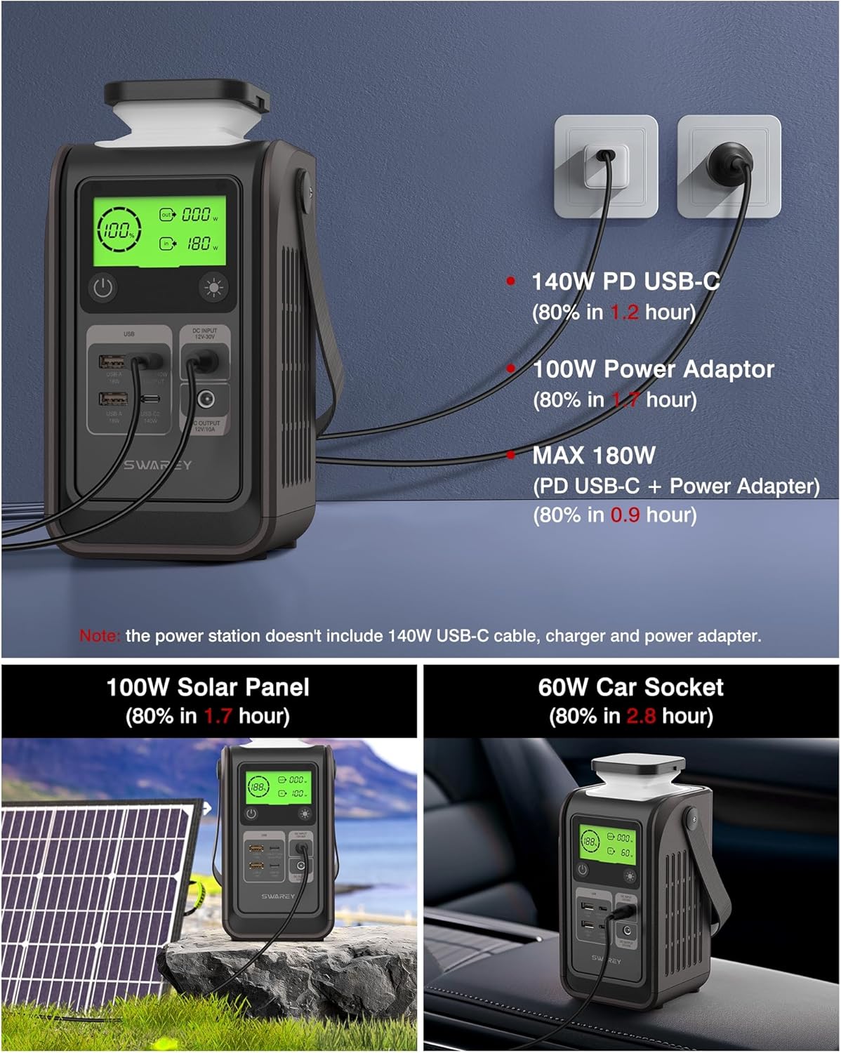 Tragbare Power Station S200 mit 100-W-Solarpanel, 192-Wh-LiFePO4-Akku-Powerbank, 140-W-Seiten-Schnelllade-USB-C, 180-W-Solargenerator für Camping, Reisen, Notfälle – Bild 5