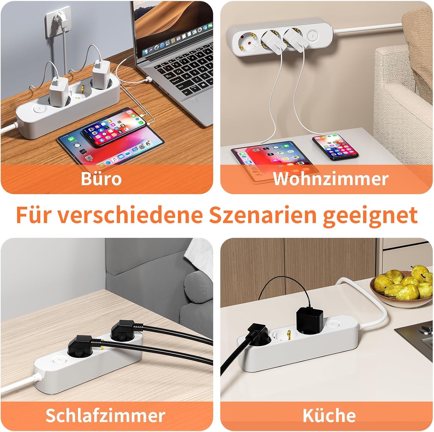3-fach Steckdosenleiste, Mehrfachsteckdose mit Schalter 3m, Flachsteckdose mit Kindersicherung, 3-fach Steckdosenleiste für Haushaltsgeräte, Computer, Handy laden, Büro, Schlafzimmer, Familie – Bild 7