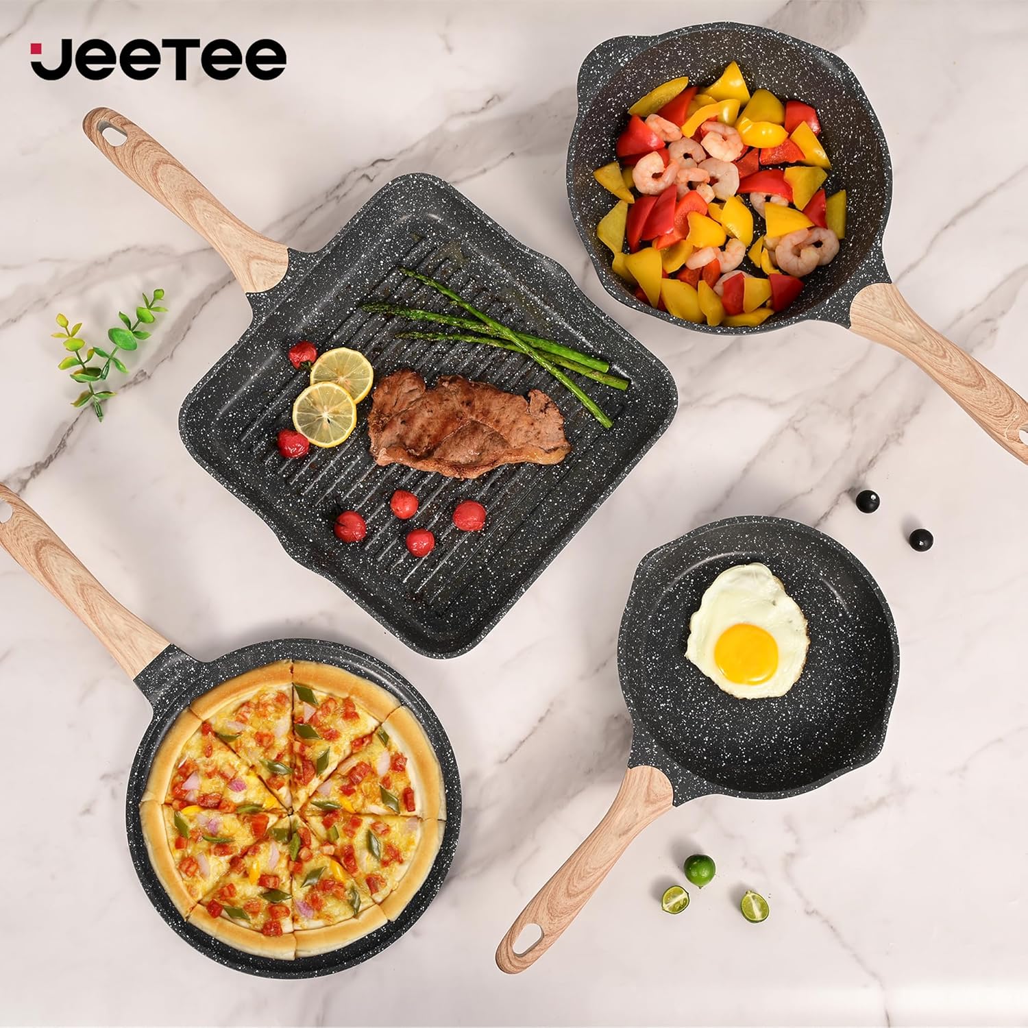 JEETEE Kochtopf- und Pfannen-Set, 23-teilig, Grau/Schwarz, Antihaft-Induktionstopf-Set mit Glasdeckel, Kochtopf, Bratpfannen, Schmorpfanne, Crêpes-Pfanne, Grillpfanne – Bild 9