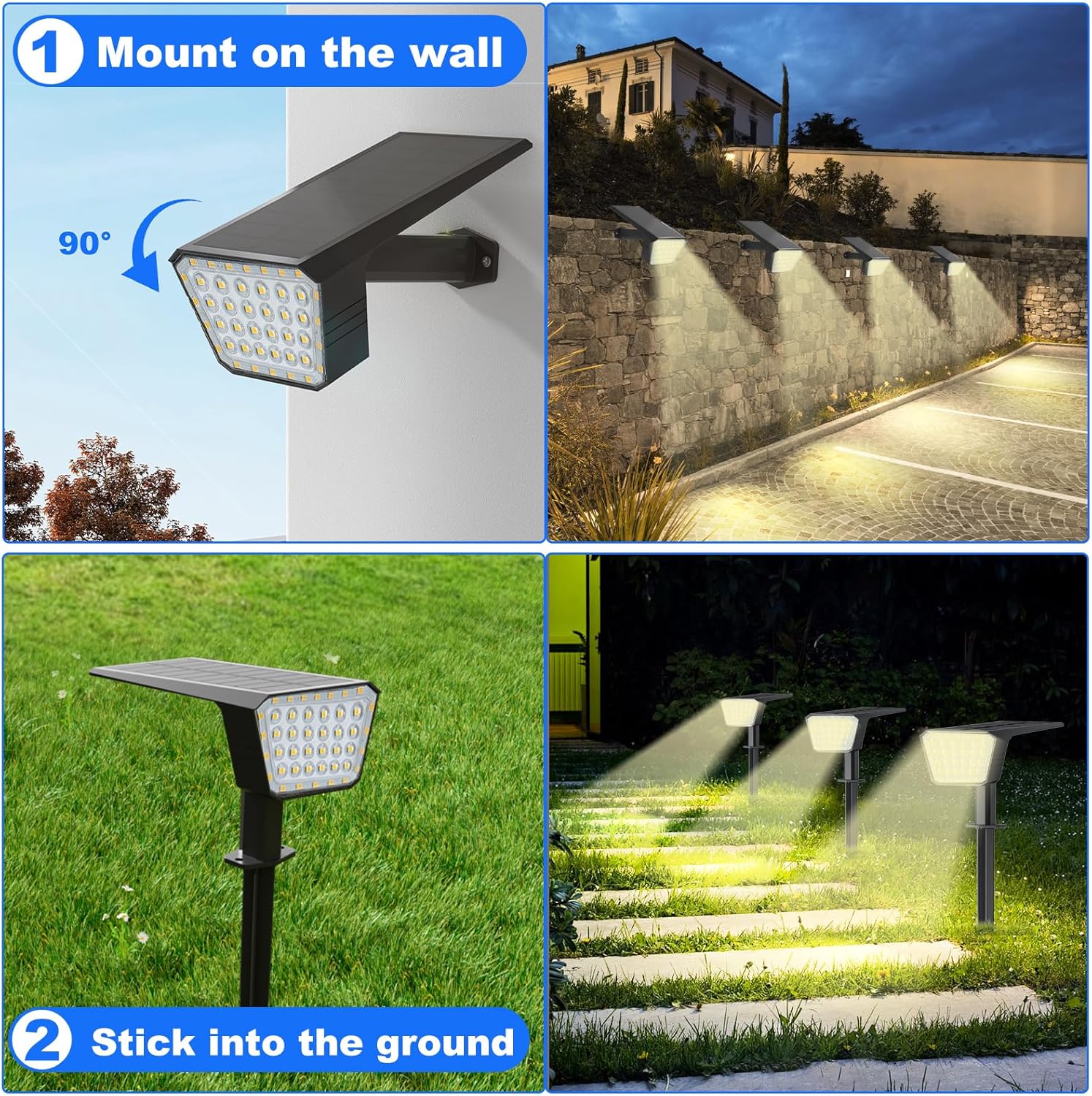 FIFlying Solarleuchten für den Garten im Freien, 4 Stück 3000 K warmweiße Solarstrahler, Solarleuchte mit IP67 wasserdicht, 3 Beleuchtungsmodi, für Außenbereich, Garten, Rasen, Pflanze, Statue, Hof, Wege – Bild 4
