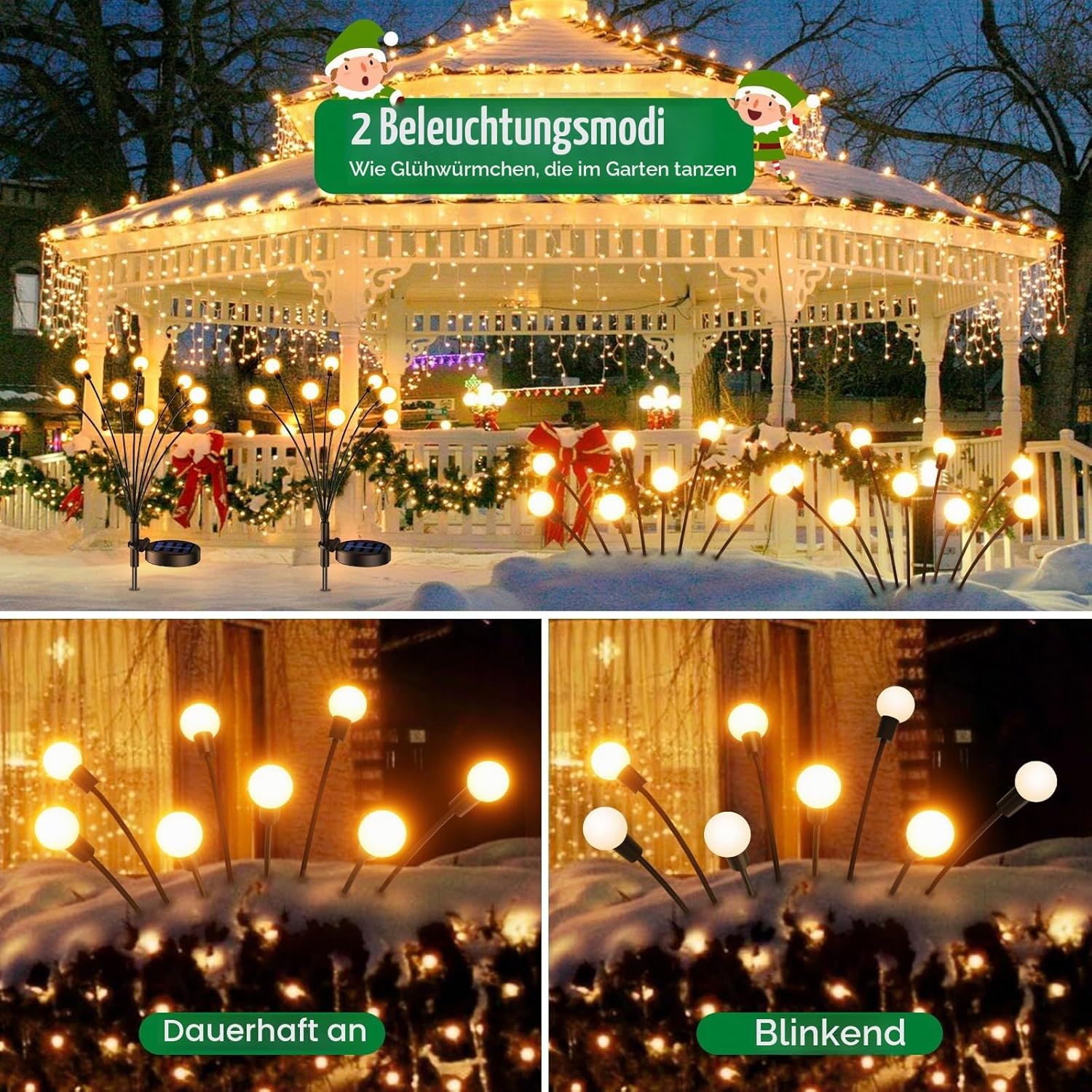 GEARLITE Firefly-Solarleuchten für den Garten im Freien, 4 Stück, 32 LEDs, superhell, 2 Lichtmodi, Firefly-Solarleuchten für den Außenbereich mit warmweißem Licht, IP65, wasserdicht, Schaukel-Gartendekoration für Weg, Hof – Bild 3