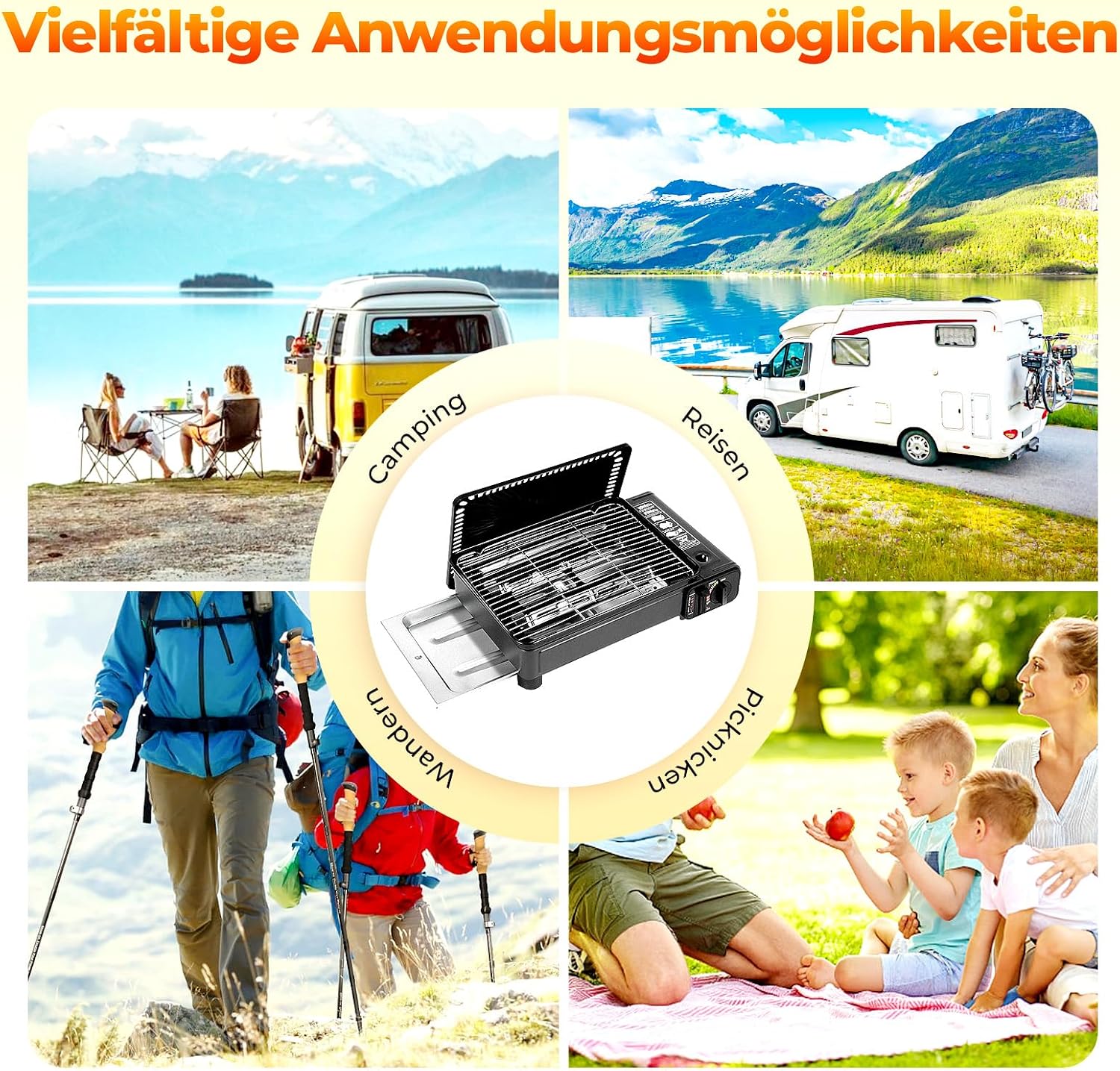 Camping-Gasgrill mit Koffer, 2-in-1-Tischgrill, Gaskocher, 2-flammig, tragbar, kleiner Gasgrill für Kartusche & Gasflasche, Outdoor-Grill, Camping-Set für Balkon, Picknick mit Zubehör – Bild 7