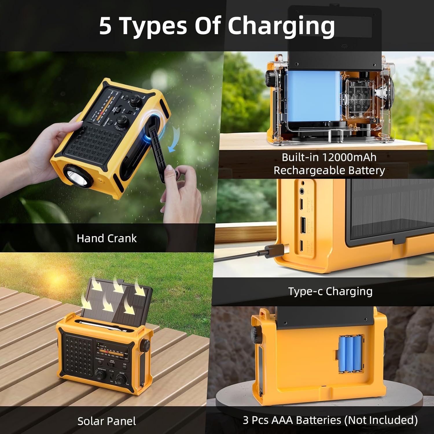 Solar-Kurbelradio mit 12000-mAh-Akku, wiederaufladbar, extra großes Solarpanel, AM/FM-Notfallradio mit Taschenlampe und Leselicht, hohe Klangtreue, wiederaufladbare Powerbank, SOS-Alarm für Outdoor-Camping – Bild 7