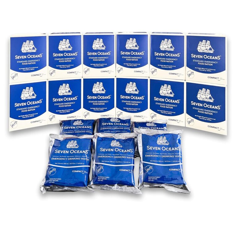 Survival Pack 12 x Seven Oceans Emergency Food 500 g + 6 x Seven Oceans Water 500 ml – 5,5 Jahre Haltbarkeit – Notration Notnahrung für Blackout & Krisen