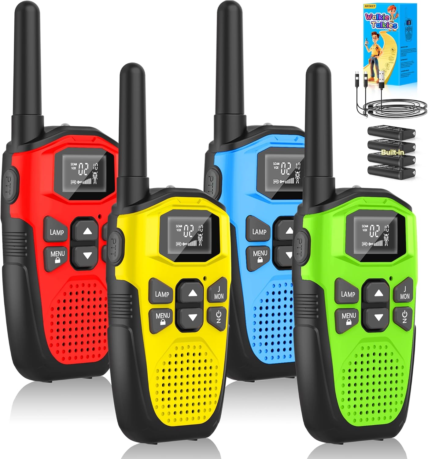NXGKET Walkie Talkie 4er Set Walkie Talkies Wiederaufladbar für Erwachsene Kinder Radios Lange Reichweite 5 km Walki Talki mit Li-Ionen-Akku, Walkie Talkies VOX Taschenlampe für Outdoor, Camping, Wandern