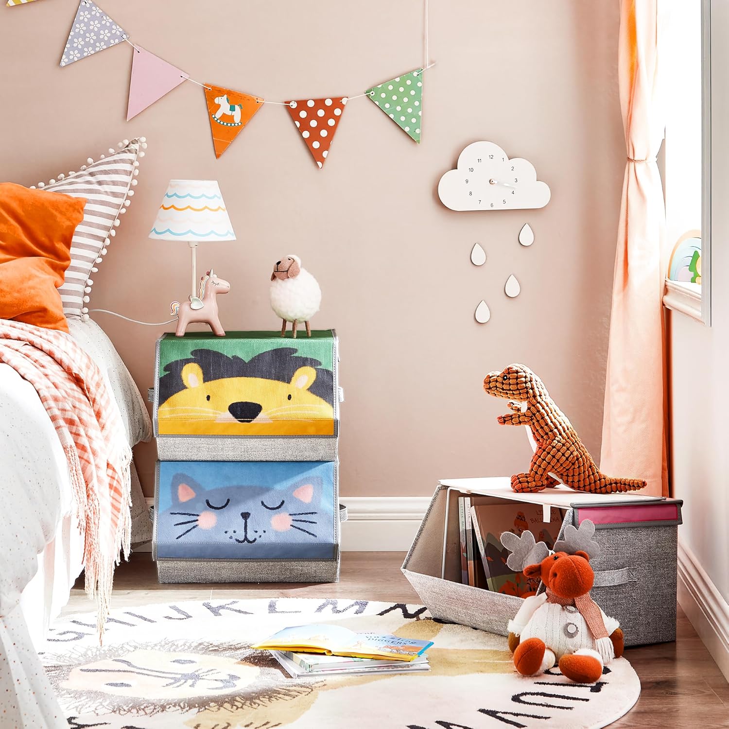 SONGMICS Aufbewahrungsboxen, 3er-Set, faltbare Stoffboxen mit Griffen, Organizer, magnetischer Deckel, für Kinderzimmer, Spielzimmer, Tiermotive, rosa, blau, grün und grau, RFB760P01 – Bild 2