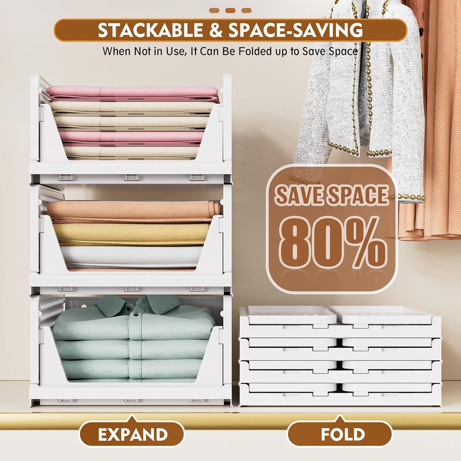 SNSLXH Kleiderschrank-Organizer, faltbare Kunststoff-Aufbewahrungsbox mit Schubladen-Design, stapelbarer Schrank-Organizer für Badezimmer, Küche, Schlafzimmer, weiß, 5 Stück – Bild 5