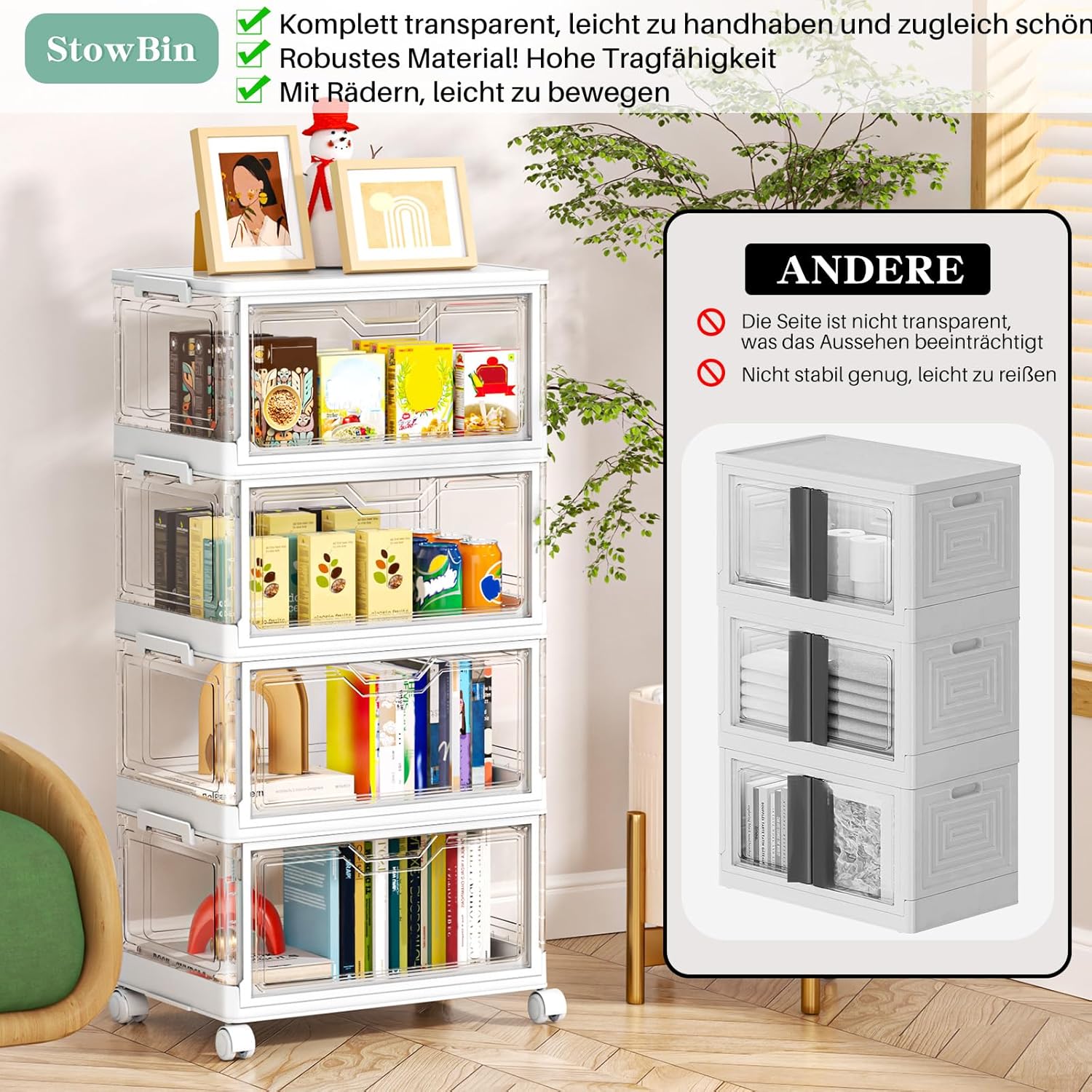 Aufbewahrungsboxen mit Deckel – 4-stöckige stapelbare Kunststoffboxen, 23 l transparent, große Organizer-Behälter für Schlafzimmer, Wohnzimmer, Badezimmer, 4 Ebenen und 1 Deckel – Bild 6