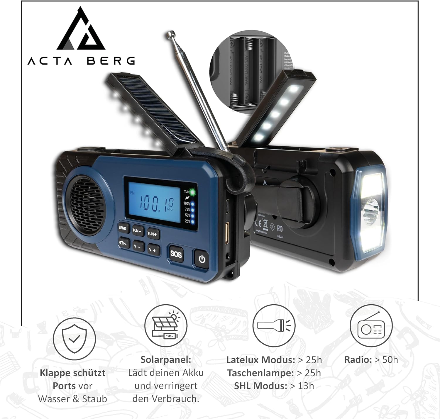 Acta Berg Kurbelradio Notfallradio mit 5000-mAh-Akku (Mitternachtsblau) | AM/FM/SW USB-batteriebetriebene Notfallausrüstung für Stromausfälle, integrierte Taschenlampe, Handy-Ladegerät – Bild 2