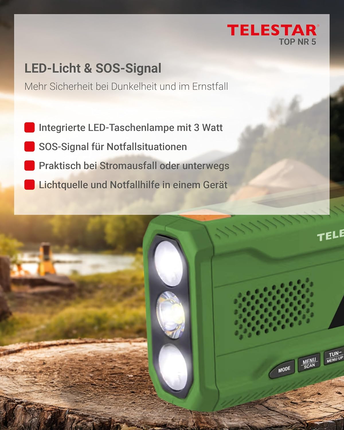 TELESTAR TOP NR 5 - Notfallradio mit 4000-mAh-Akku - Grün | Kompaktes Kurbelradio, Solarpanel, Powerbank-Funktion, Taschenlampe, SOS-Funktion – Bild 3