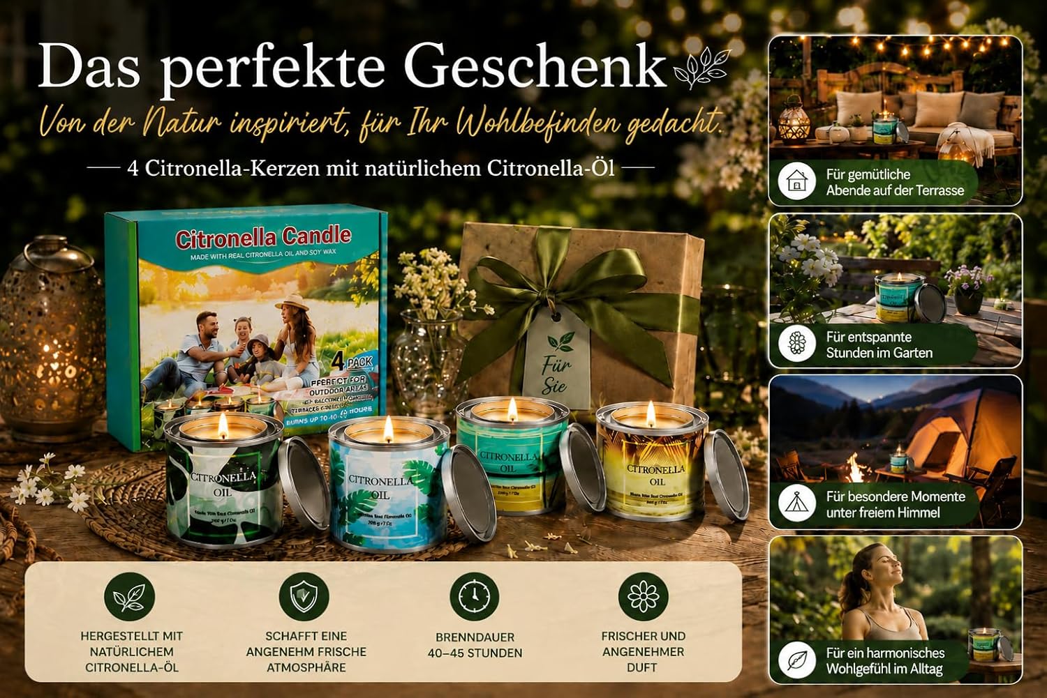 Creashine Citronella Kerzen Outdoor 4er Set, 800g Sojawachskerzen mit Zitronengrasduft, lange Brenndauer für Garten, Balkon, Terrasse, Camping und Outdoor-Aktivitäten – Bild 7
