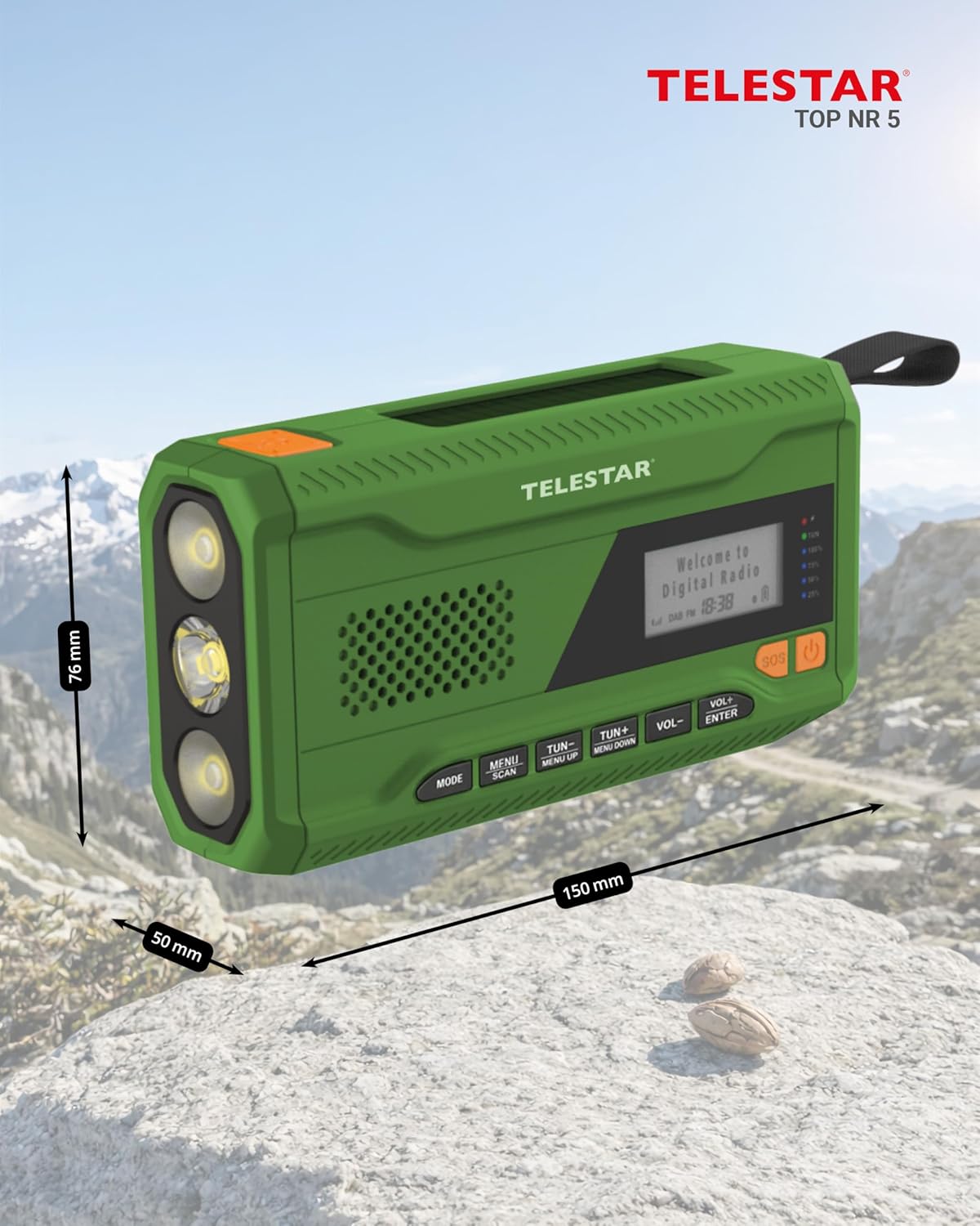 TELESTAR TOP NR 5 - Notfallradio mit 4000-mAh-Akku - Grün | Kompaktes Kurbelradio, Solarpanel, Powerbank-Funktion, Taschenlampe, SOS-Funktion – Bild 5