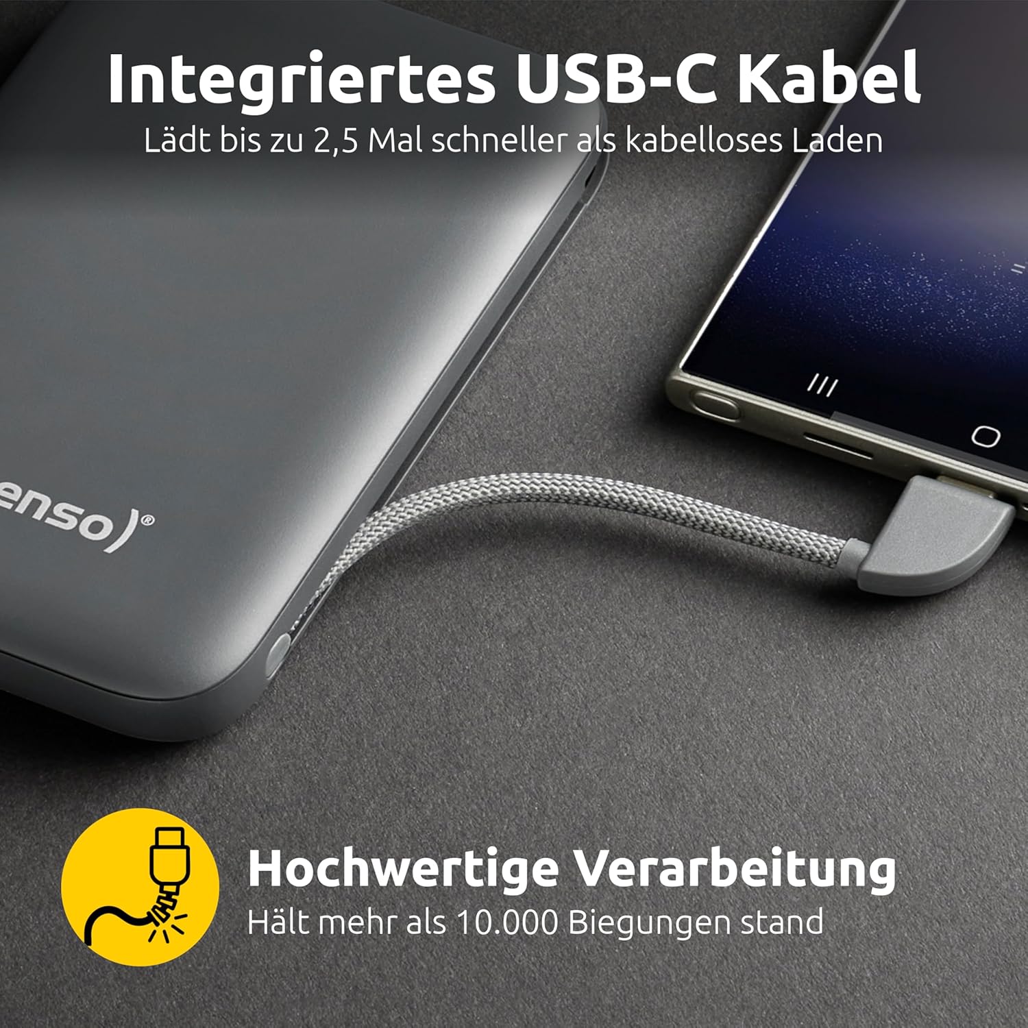 Intenso S10000 Powerbank mit integriertem USB-C-Kabel, 10.000 mAh, ultraschnelles Laden mit PD 3.0 (PPS), 20 W, Ladestatus in Prozent, in Deutschland getestet, grau