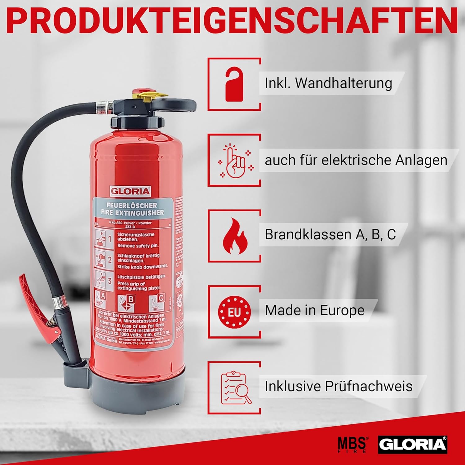 Gloria P6PRO – 6 kg Ladepulver-Feuerlöscher (ABC) mit Wandhalterung – inklusive Wartungszertifikat und aktueller Prüfplakette – Bild 3