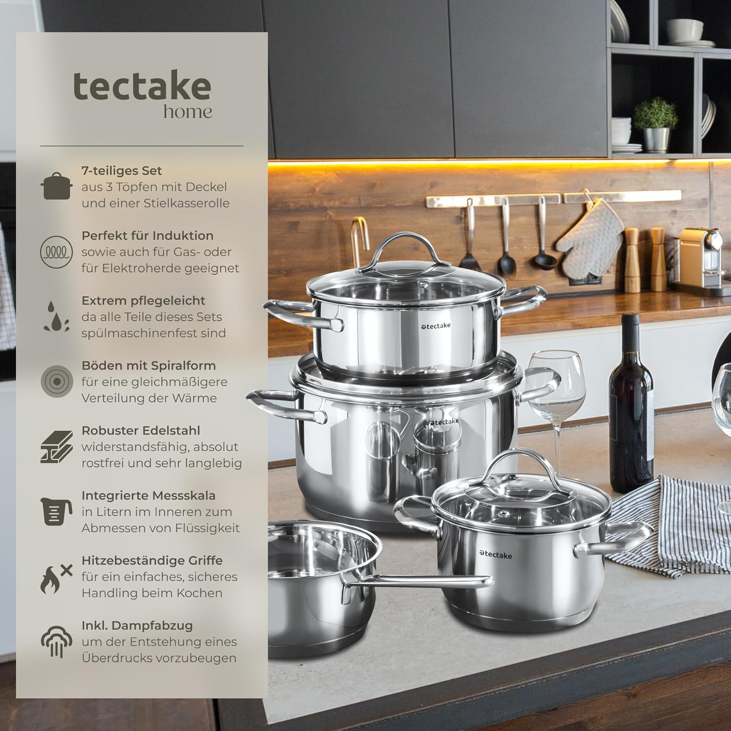 tectake 7-teiliges Kochtopfset, Kochgeschirr aus Edelstahl, Topfset mit Deckel, Kochtopfset für Induktionsherde, Gas- und Elektroherde, Küchensets, Topfsets für Heim- oder Campinggeschirr – Bild 2