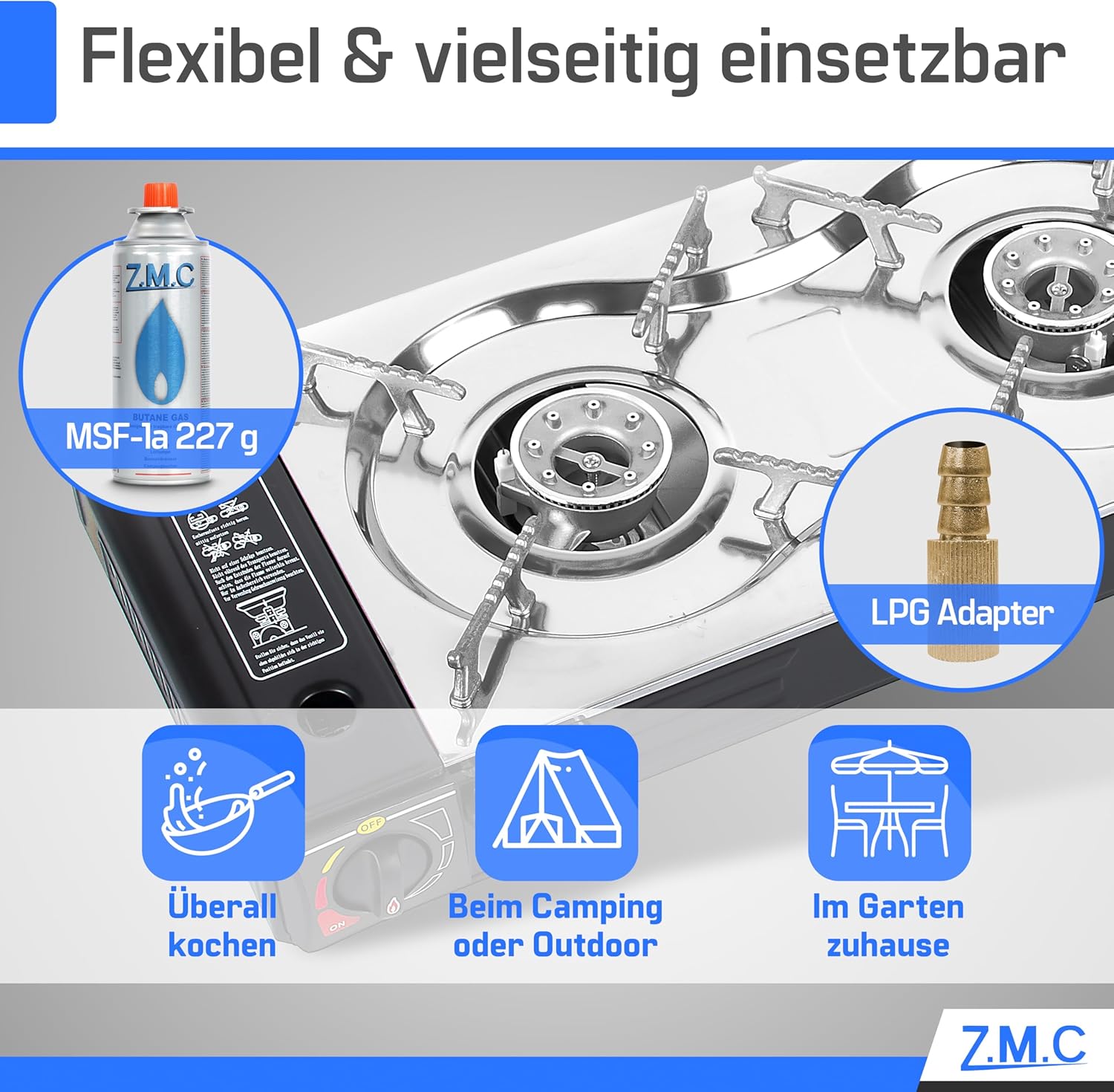 ZMC Gaskocher 2-flammig, 2 x 2,5 kW, LPG-Adapter + Aufbewahrungskoffer, Campingkocher mit Piezo-Zündung, optional mit Grillplatte und Gaskartuschen, 227 g, für den Außen- und Innenbereich – Bild 2