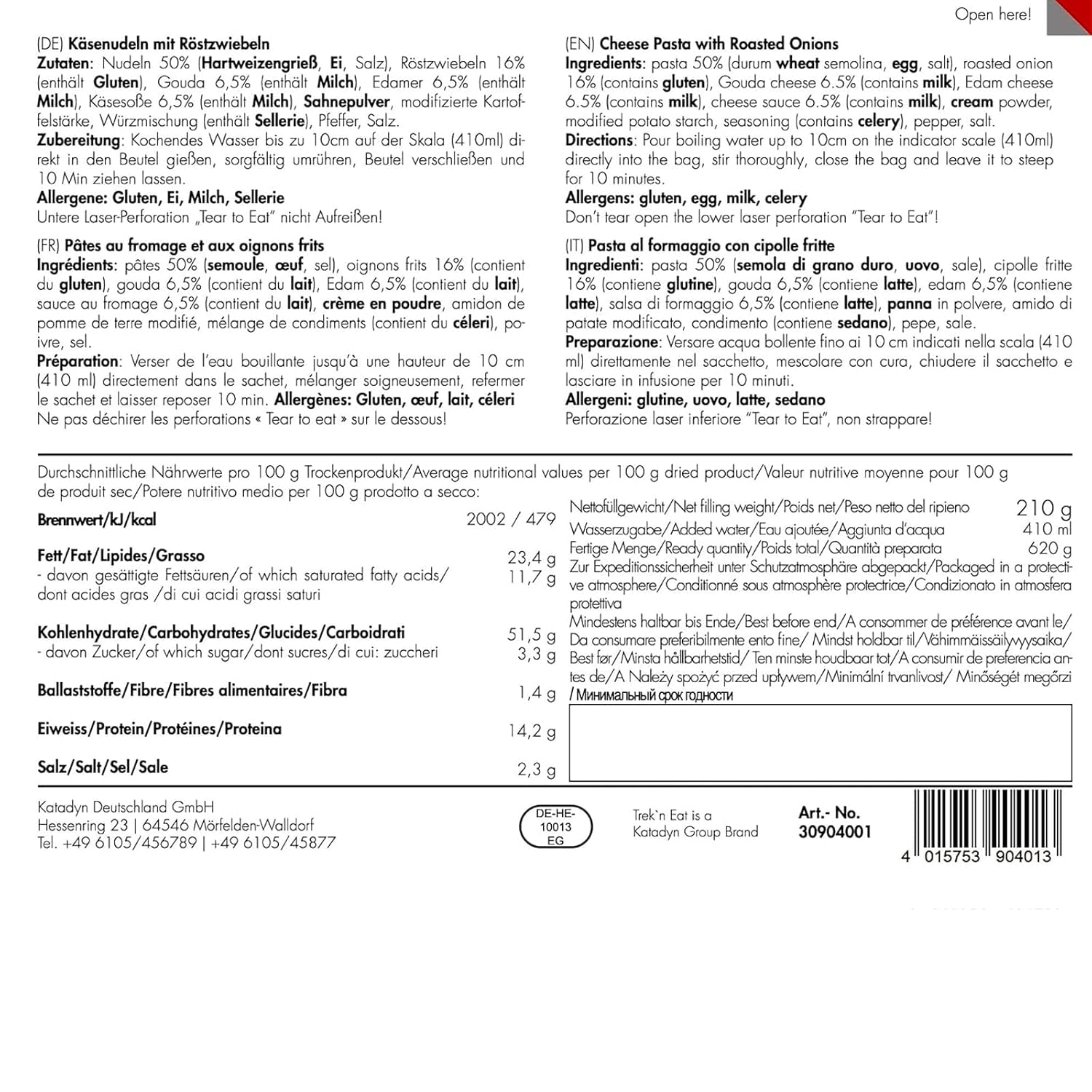 TREK'N EAT Käsenudeln mit Röstzwiebeln PS1000+ – kalorienreiche Outdoor-Mahlzeit für Expeditionen, Trekking und Notfallvorsorge – Bild 2