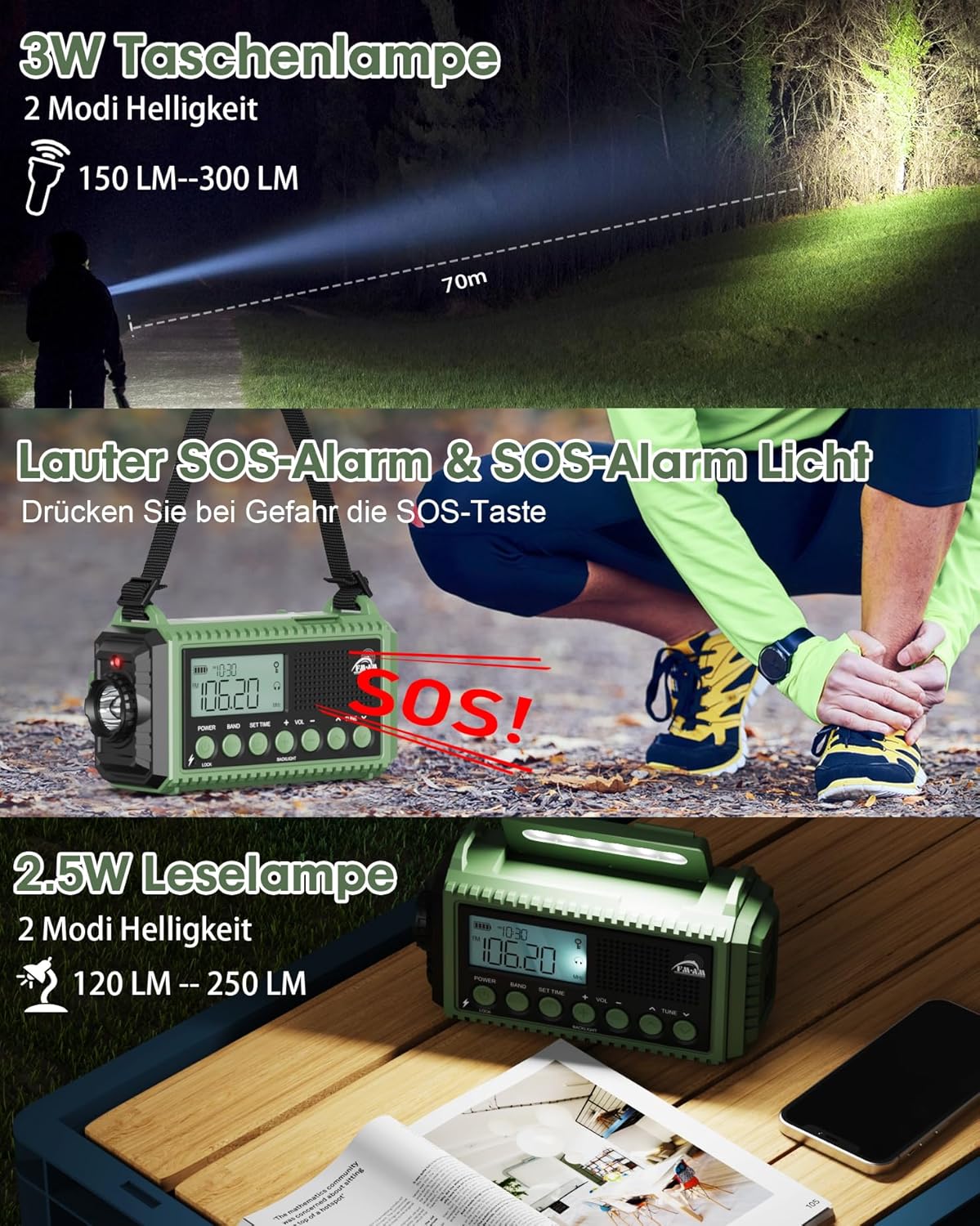 12000 mAh Kurbelradio, Solar- & Kurbel-Notfallradio, tragbares Retro-Radio mit Weltempfänger, AM/FM/SW-Radio, als Taschenlampe & Leselampe, USB-Handy-Ladegerät, SOS-Alarm, für Camping, Notfall, Blackout – Bild 5