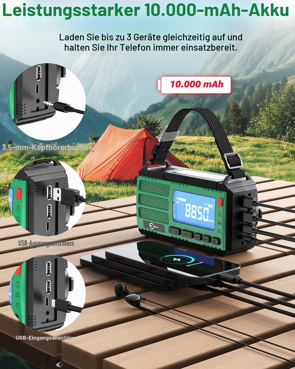 Esky Kurbelradio, 10000 mAh Solar-Notfallradio mit wiederaufladbarem AM/FM-Weltempfänger, USB-Ladegerät, LED-Taschenlampe und Leselicht, SOS-Alarm und Kompass, tragbar für Camping, Notfall, Verdunkelung, Geschenkidee – Bild 2
