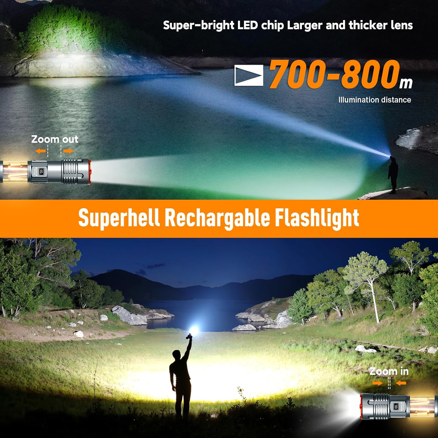GEARLITE LED-Taschenlampe, extrem hell, wiederaufladbare LED-Taschenlampe mit Campinglicht, 11 Leuchtmodi, lange Laufzeit, IP65 wasserdicht, taktische Taschenlampe für Camping, Outdoor, Notfälle – Bild 2