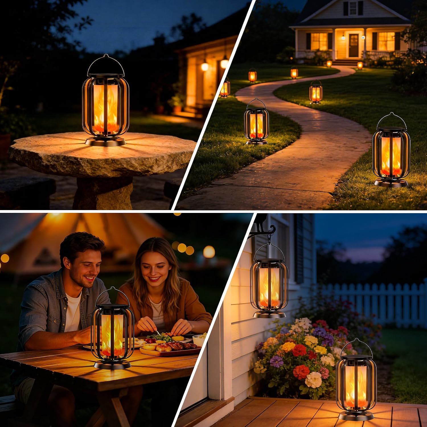 Solar-Flammenlaterne zum Aufhängen im Freien, 2 Stück Solarleuchten IP65 wasserdicht mit 3 Farbtemperaturen, Balkon-Gartenlaterne, Halloween-Dekoration, Außenleuchten für Terrasse, Rasen, Hof, Camping – Bild 7