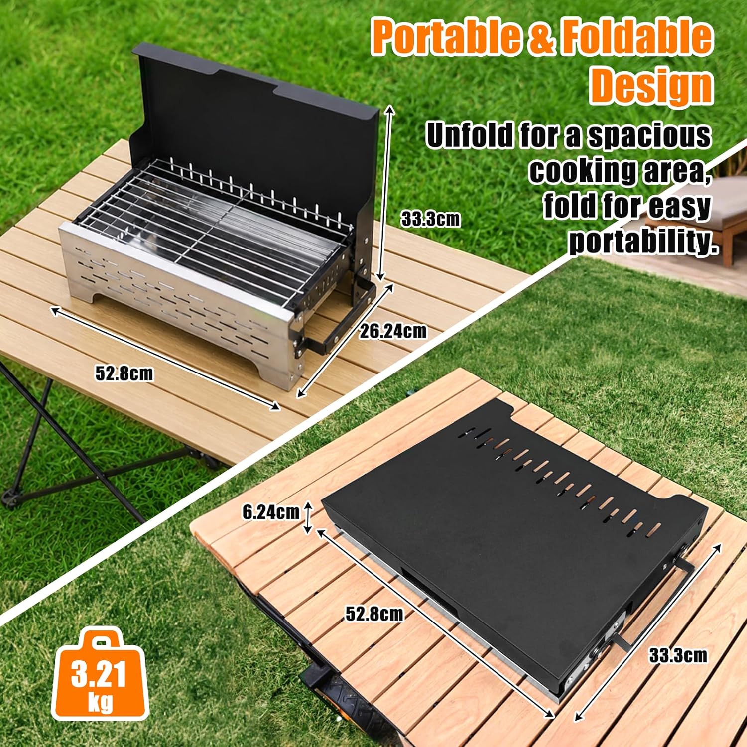 GFTIME Klappgrill mit Tasche, Holzkohlegrill, Tischgrill für Grillen im Freien, tragbarer faltbarer Grill aus Edelstahl mit Tragetasche für Camping, Picknick, Kochen im Garten und Terrasse – Bild 2