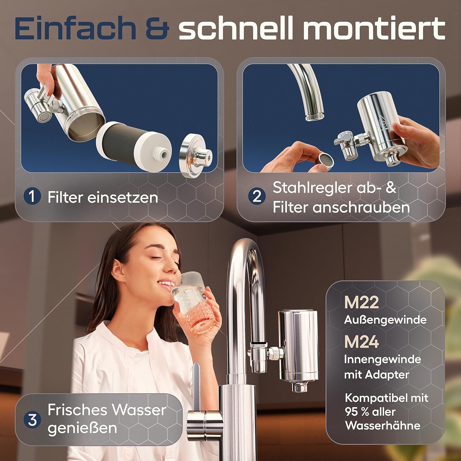 VILTARO Wasserfilter-Wasserhahn mit Kalkschutz – nur 2 Cent/Liter Trinkwasser, BPA-frei, Edelstahl, wassersparender Luftsprudler, Aktivkohle, Filter-Wasserhahn, Wasserhahnfilter für Trinkwasser – Bild 6
