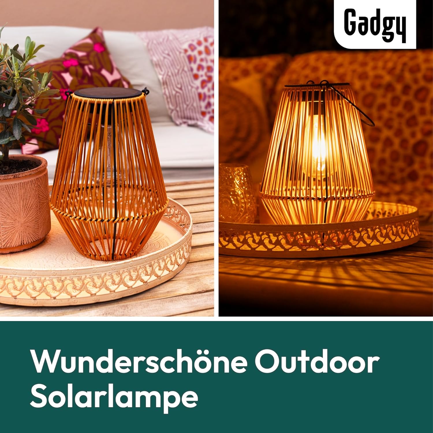 Gadgy Solarlampe für den Garten im Freien – Wetterfeste Solarlaterne in Rattanoptik mit warmweißem LED-Licht – dekorative Solarleuchte für Garten, Balkon & Terrasse – Bild 2
