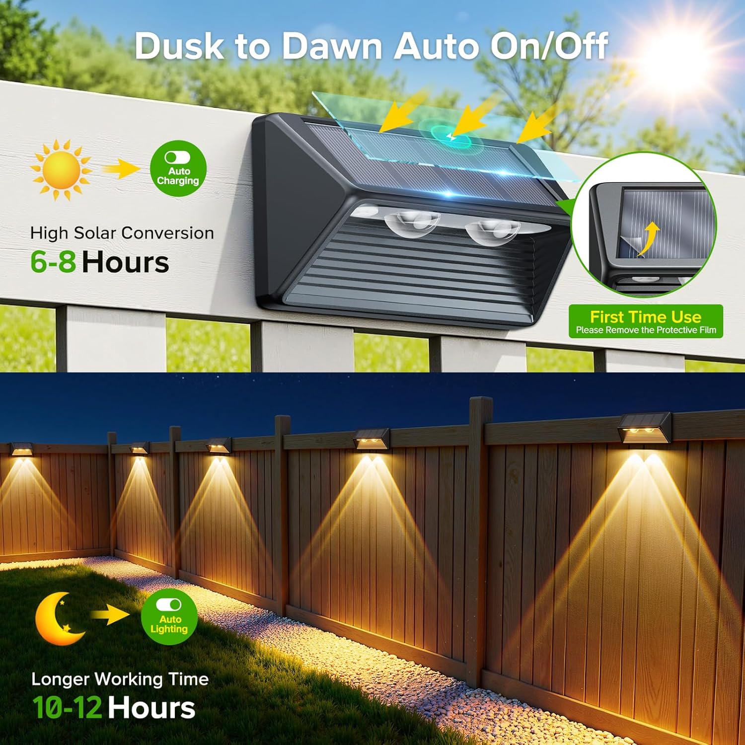 RECHOO Solarleuchten für den Garten im Freien, 6 Stück, superhelle Linsen-Solar-Wandleuchte für den Außenbereich mit 2 Modi, IP65 wasserdichte Solarleuchten für Außenzaun, Terrasse, Deck, Stufen, Treppen, Wand – Bild 4