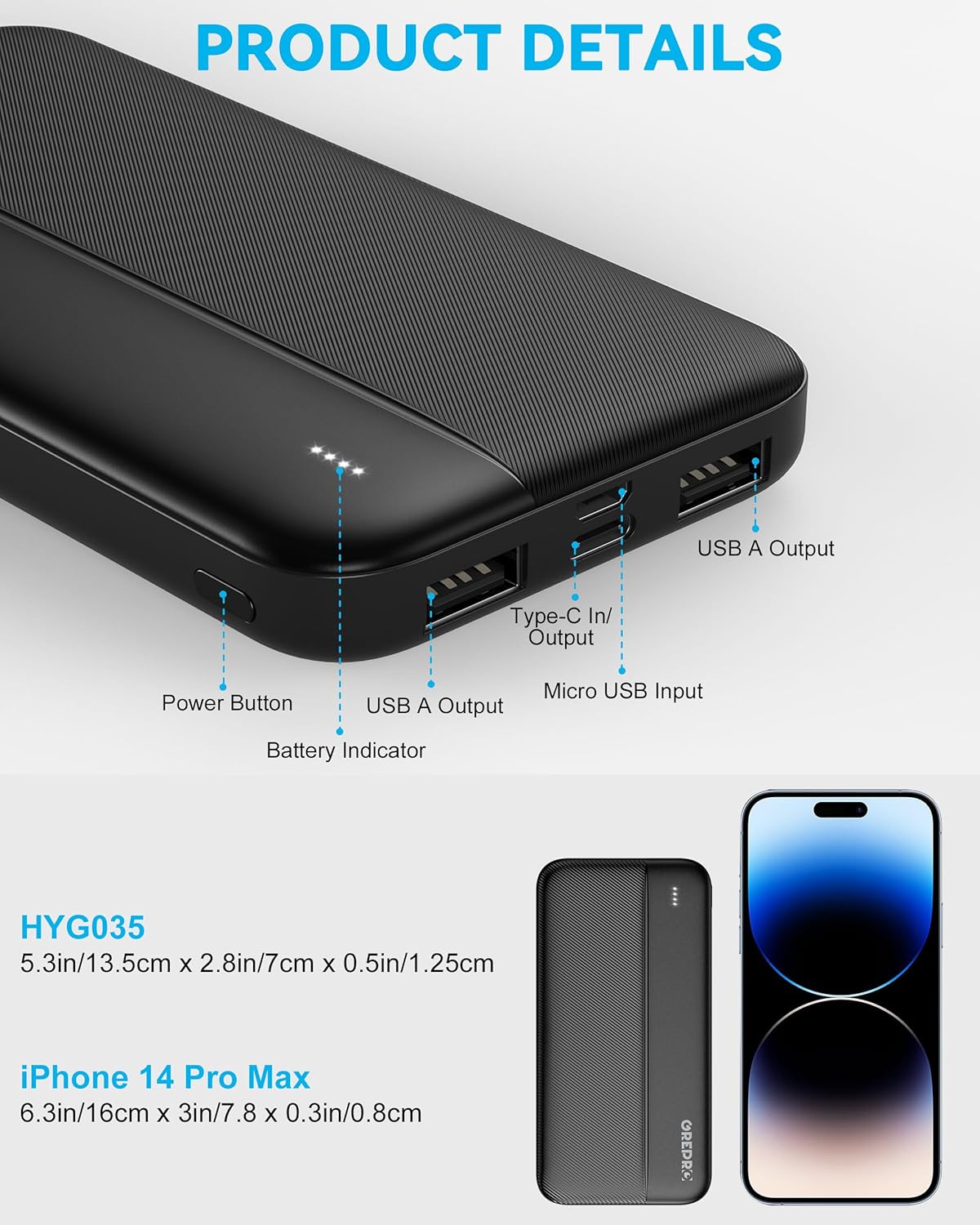 GREPRO Powerbank 10000 mAh, kleine Powerbank mit Typ-C-Eingang und 2 x USB-A- und USB-C-Ausgangsanschlüssen, kompatibel mit iPhone 17, 16, 15 Pro Max, Smartphones und Tablets – Bild 2