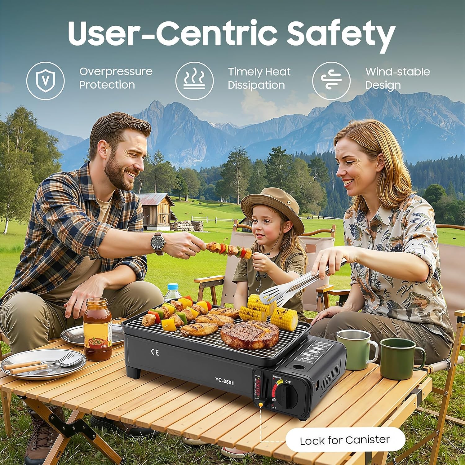 Camping-Gasgrill, 2200 W tragbares Grillset, Tischgrill mit 6 Bratnadeln, 2 Grillnetzen und Koffer, Campingkocher mit Piezo-Zündung und abnehmbarer Tropfschale, für Campingausflüge, Versammlungen – Bild 3