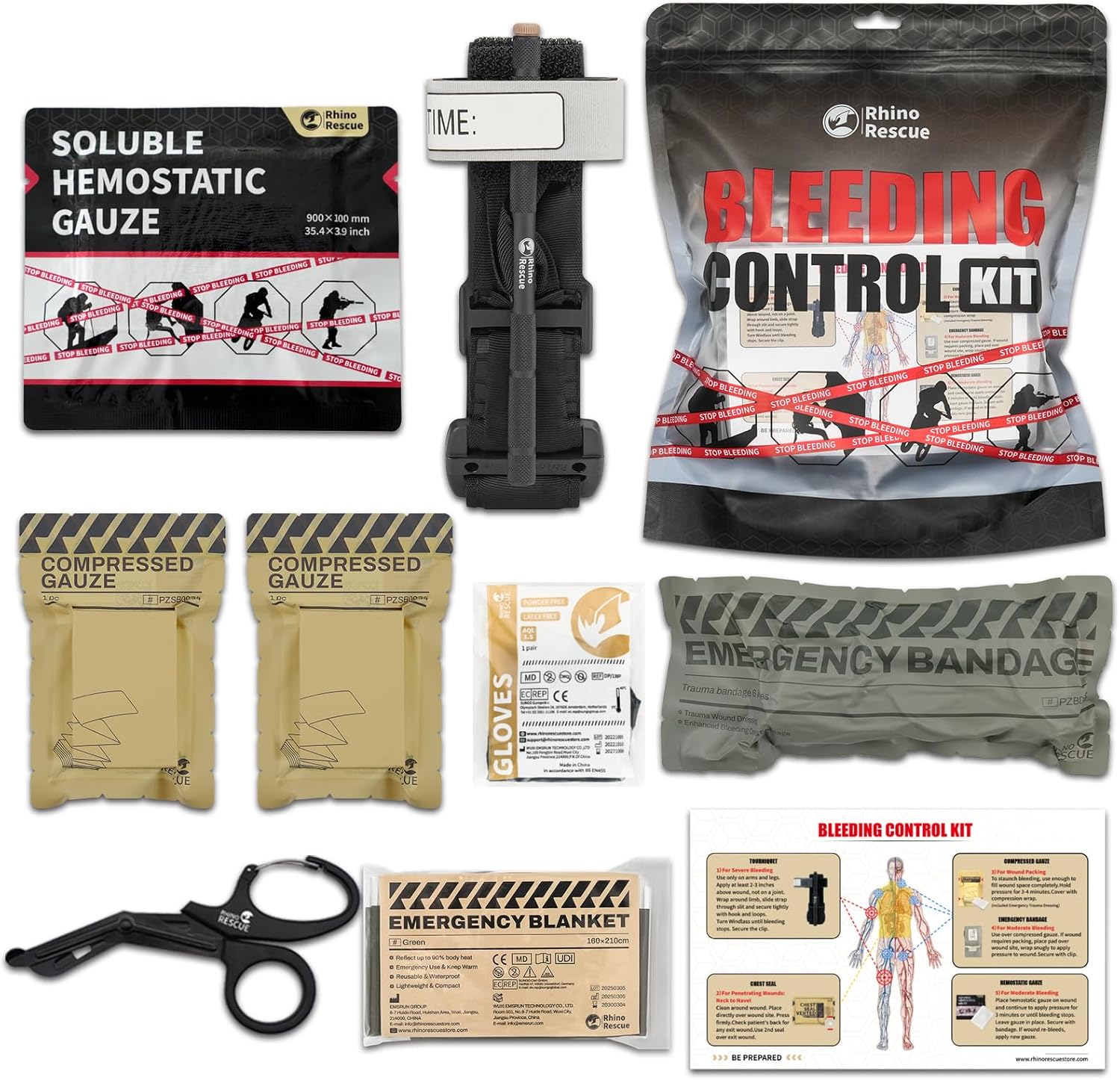 RHINO RESCUE individuelles Blutungskontrollset, IFAK-Trauma-Set, militärisches Erste-Hilfe-Nachfüllset mit Tourniquet, blutstillender Gaze, 6-Zoll-israelischer Verband, 2 komprimierte Gaze