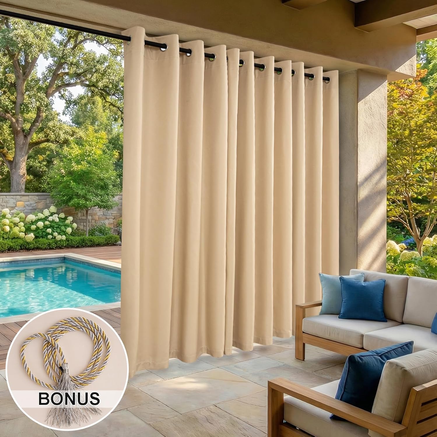 2er-Set Outdoor-Vorhänge, wetterfest mit Ösen, Outdoor-Vorhänge, wasserdichte Outdoor-Vorhänge, Sonnenschutz, Sichtschutz für Balkon, Pergola, Terrasse, Veranda (132 x 215 cm, Beige) – Bild 2