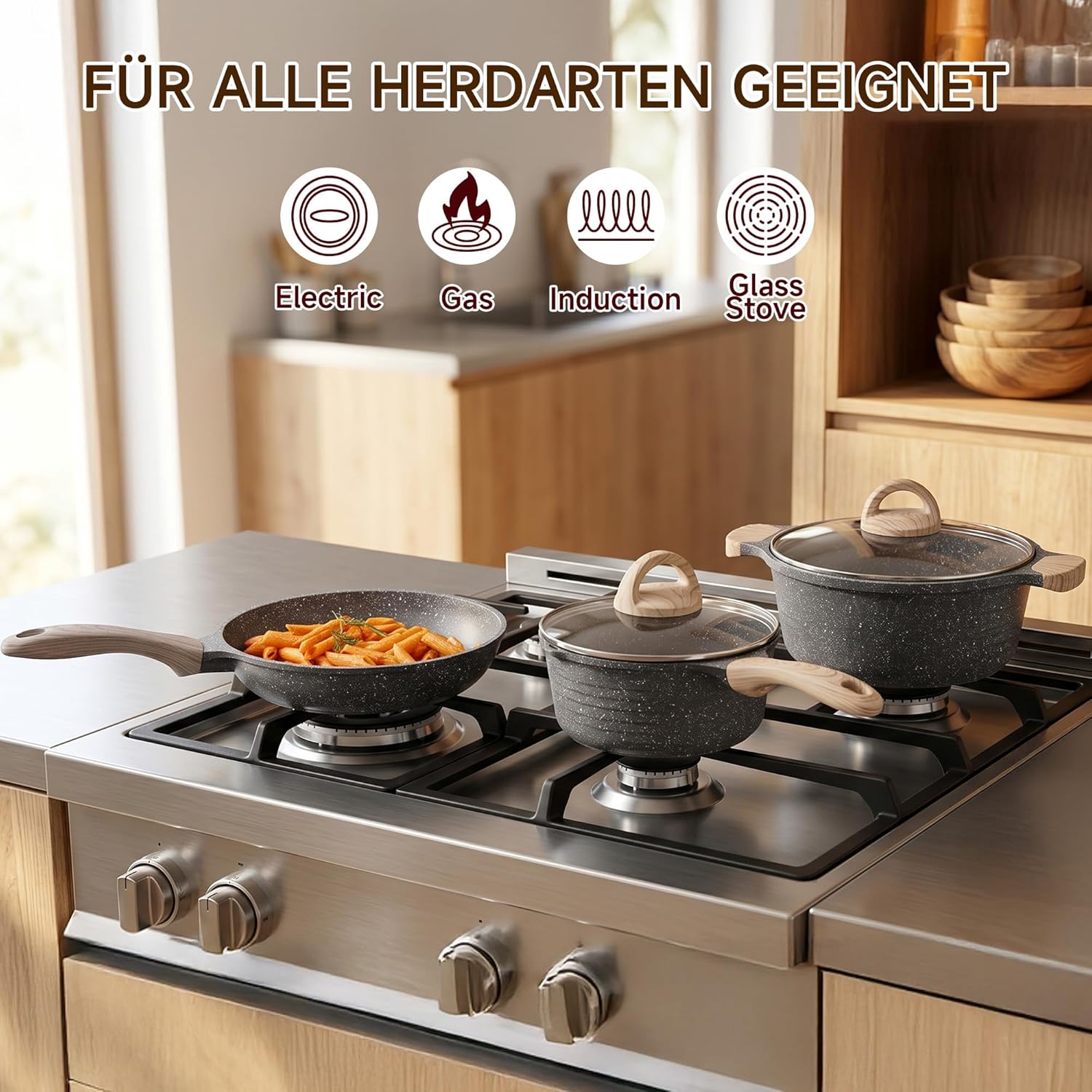 JEETEE Kochtopf- und Pfannen-Set, 23-teilig, Grau/Schwarz, Antihaft-Induktionstopf-Set mit Glasdeckel, Kochtopf, Bratpfannen, Schmorpfanne, Crêpes-Pfanne, Grillpfanne – Bild 5